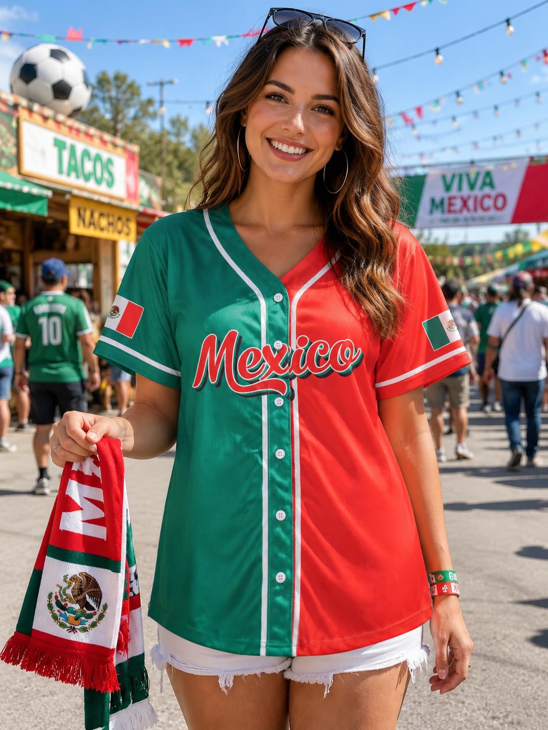 Mexico Soccer Jersey for Women - Mexican Flag Graphic Tee, Short Sleeve Button Down Top