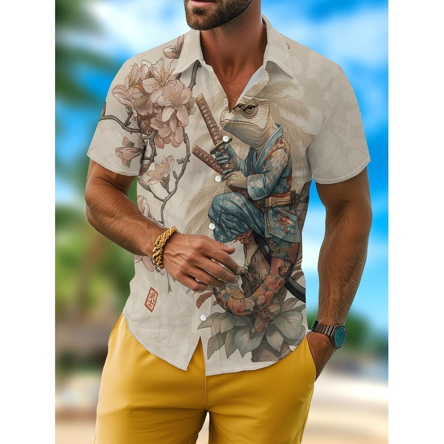 Funny Cartoon Print Hawaiian Shirt for Men Beach Vacation Casual Short Sleeve