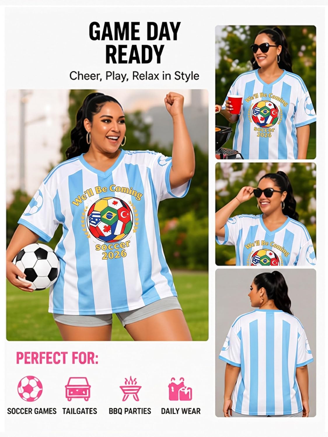 Plus Size Women Soccer Jersey Oversized V-Neck Tee