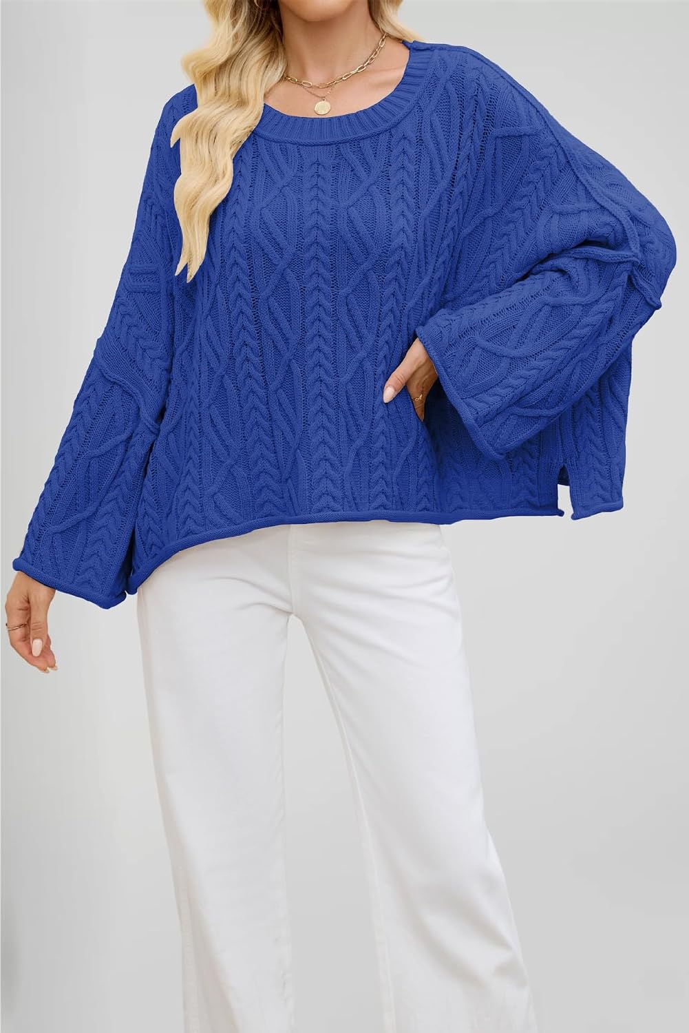 Women's Cropped Cable Knit Sweater Oversized Long Sleeve Pullover