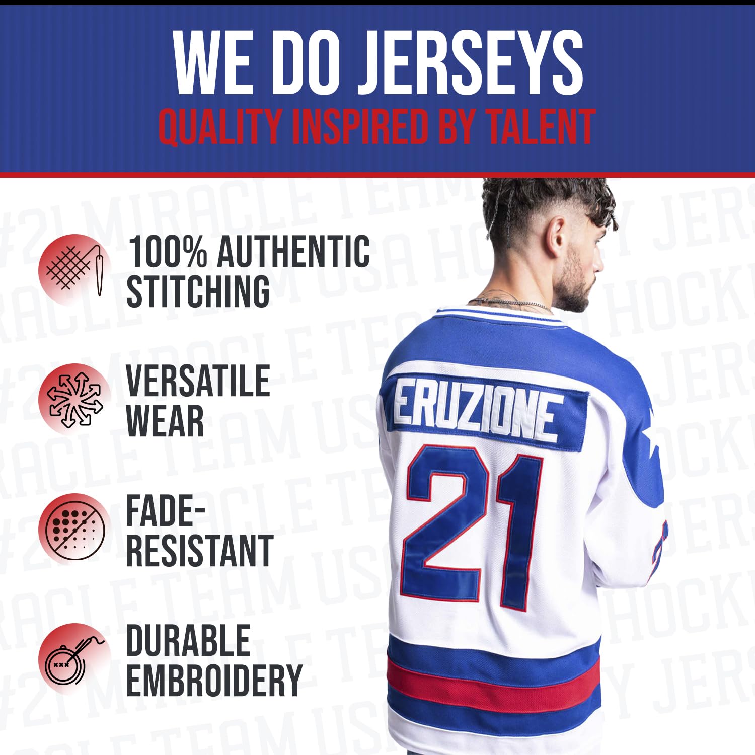 1980 USA Olympic Hockey Jersey #21 – Stitched Letters, Adult Sizes S–5XL
