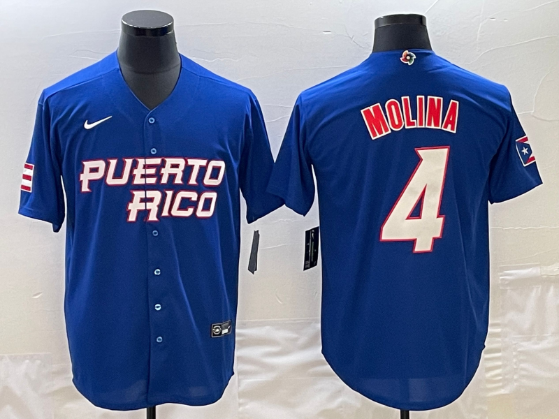 Men's 2023 World Baseball Classic #4 Yadier Molina Puerto Rico Blue Jerseys