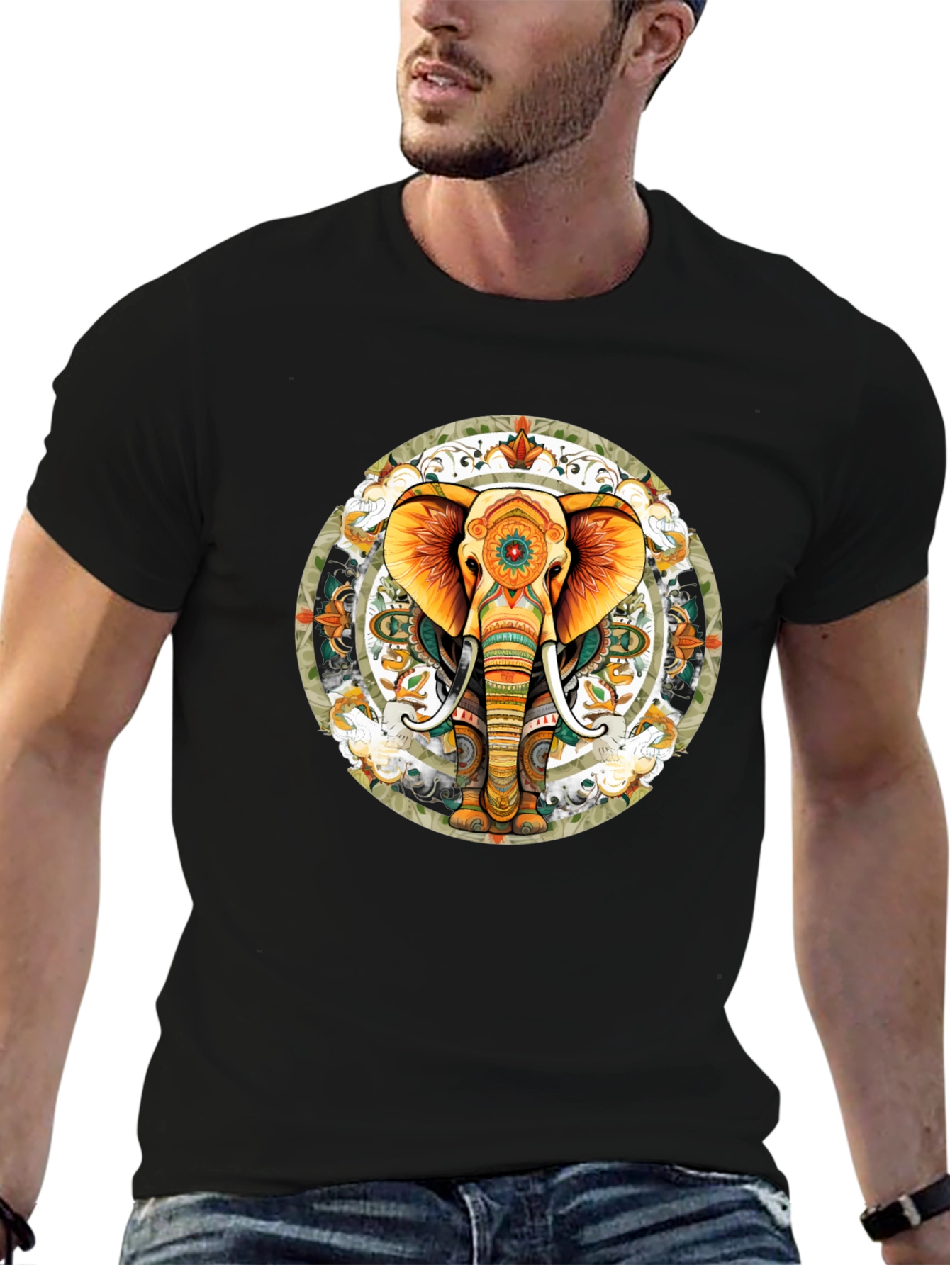 Elephant Mandala Graphic Tee - Black Cotton Blend