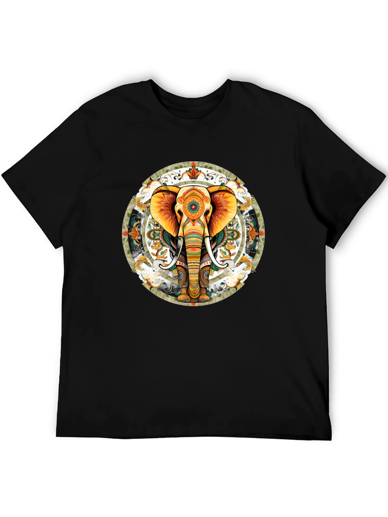 Elephant Mandala Graphic Tee - Black Cotton Blend