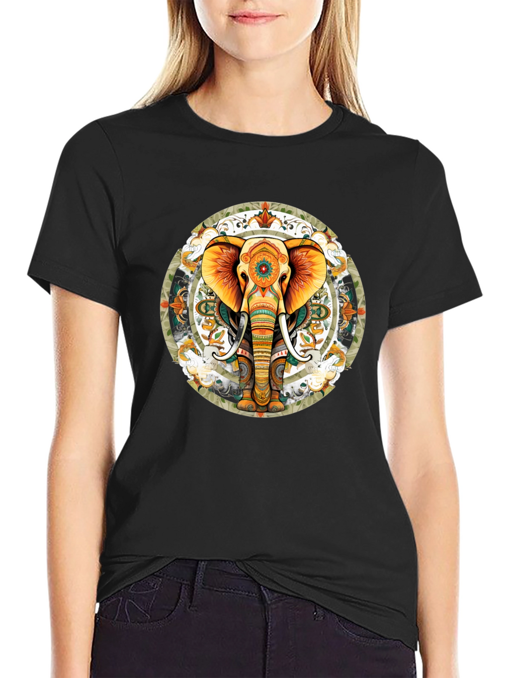 Elephant Mandala Graphic Tee - Black Cotton Blend