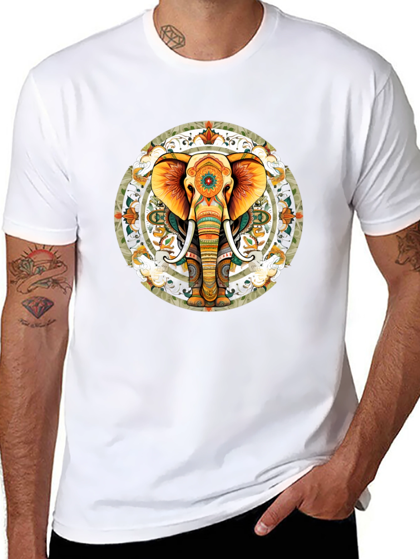 Elephant Mandala Graphic Tee - Black Cotton Blend