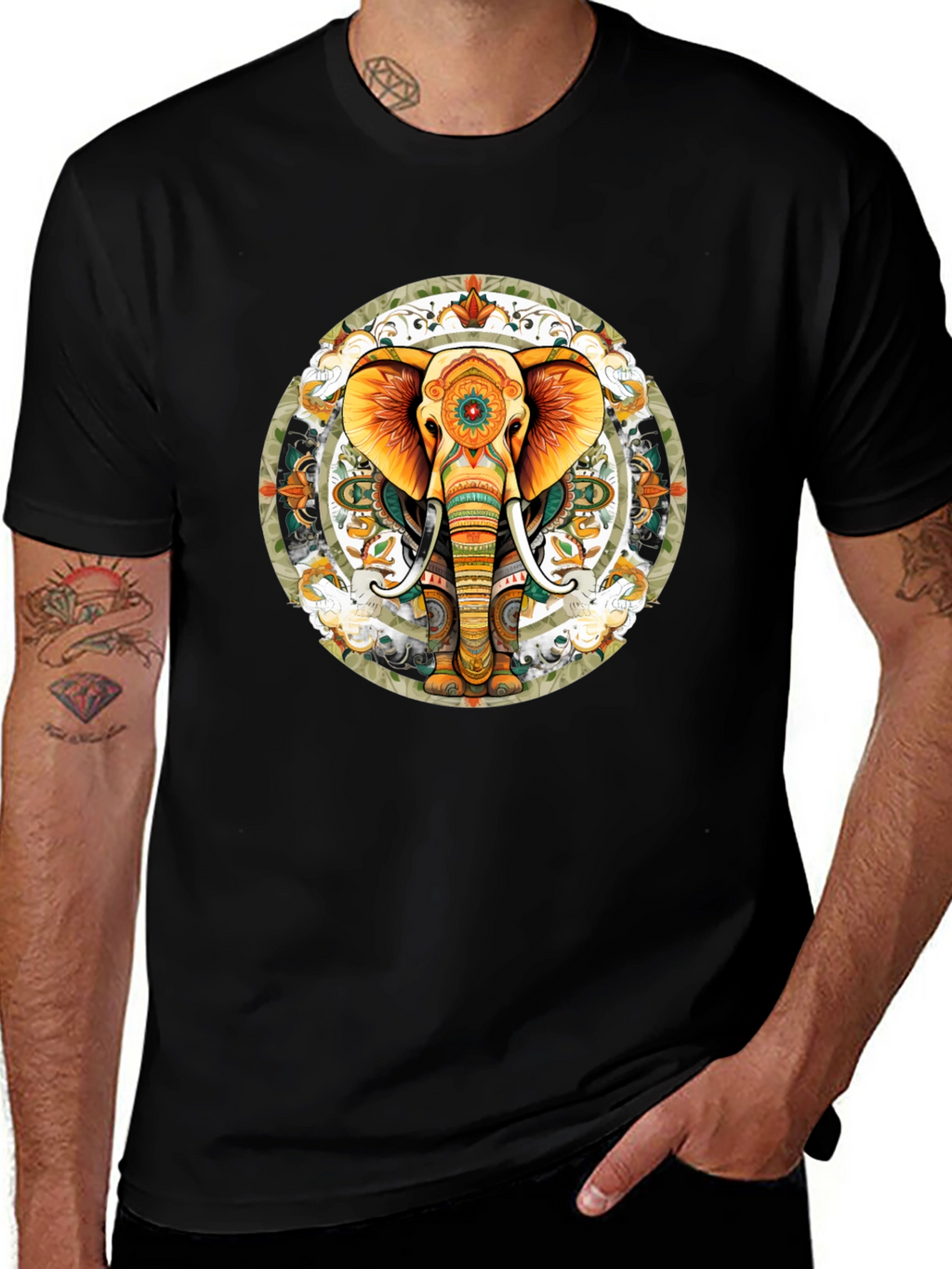 Elephant Mandala Graphic Tee - Black Cotton Blend