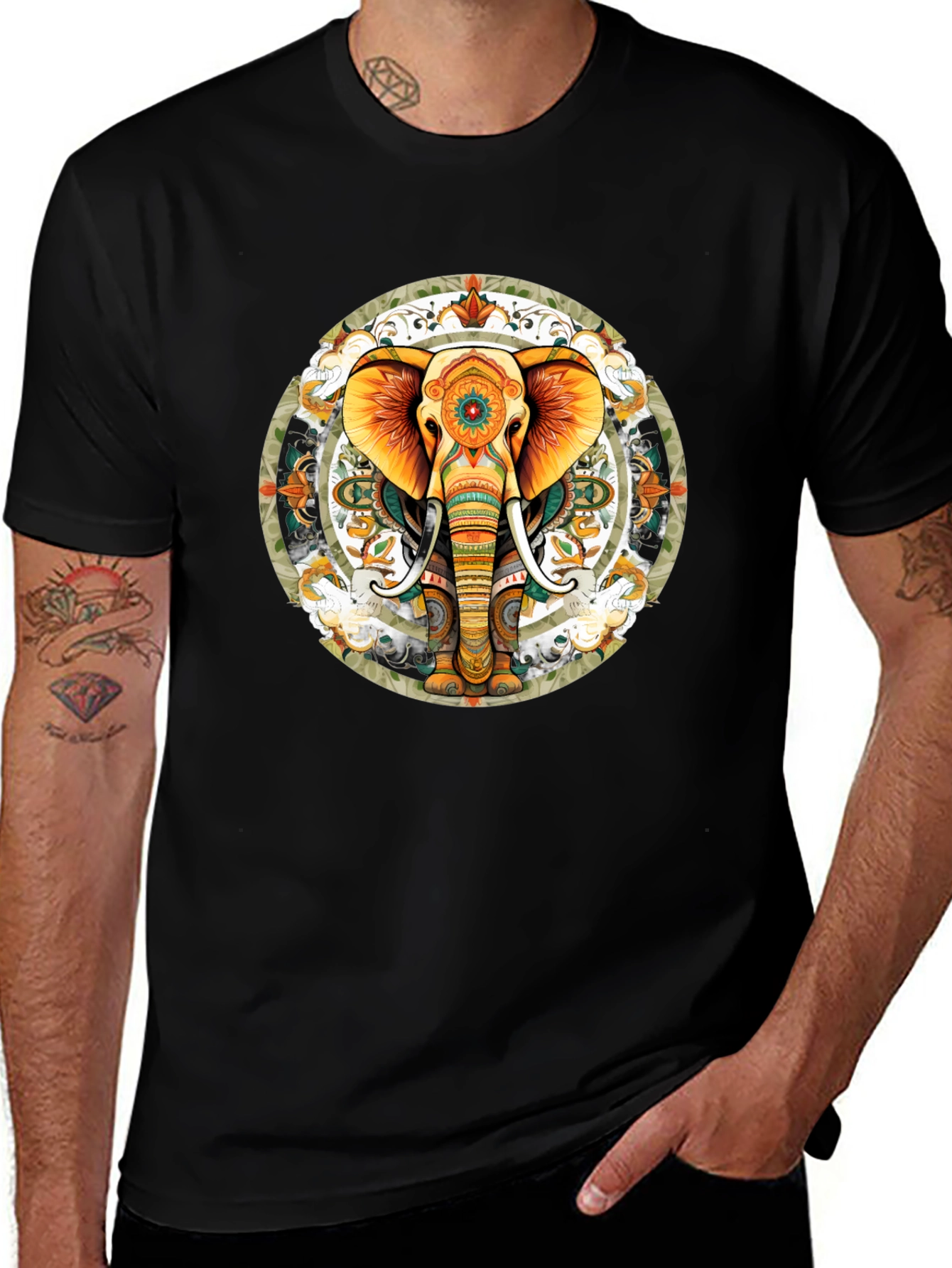 Elephant Mandala Graphic Tee - Black Cotton Blend