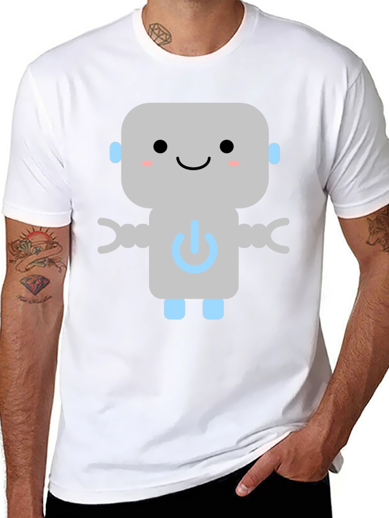 Cute Robot Graphic Tee - Black Cotton T-Shirt