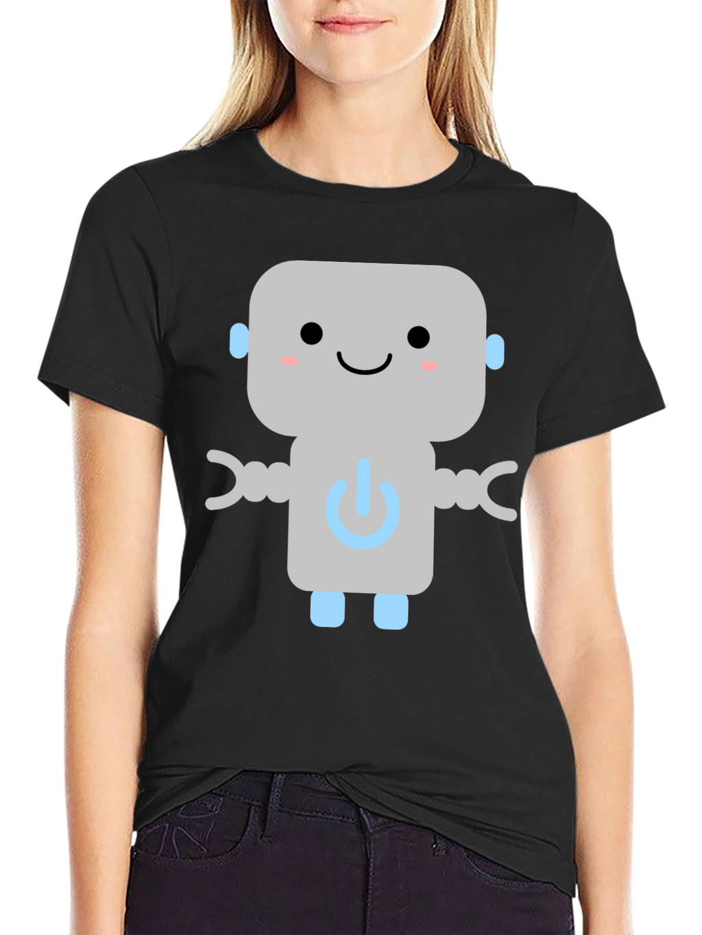 Cute Robot Graphic Tee - Black Cotton T-Shirt