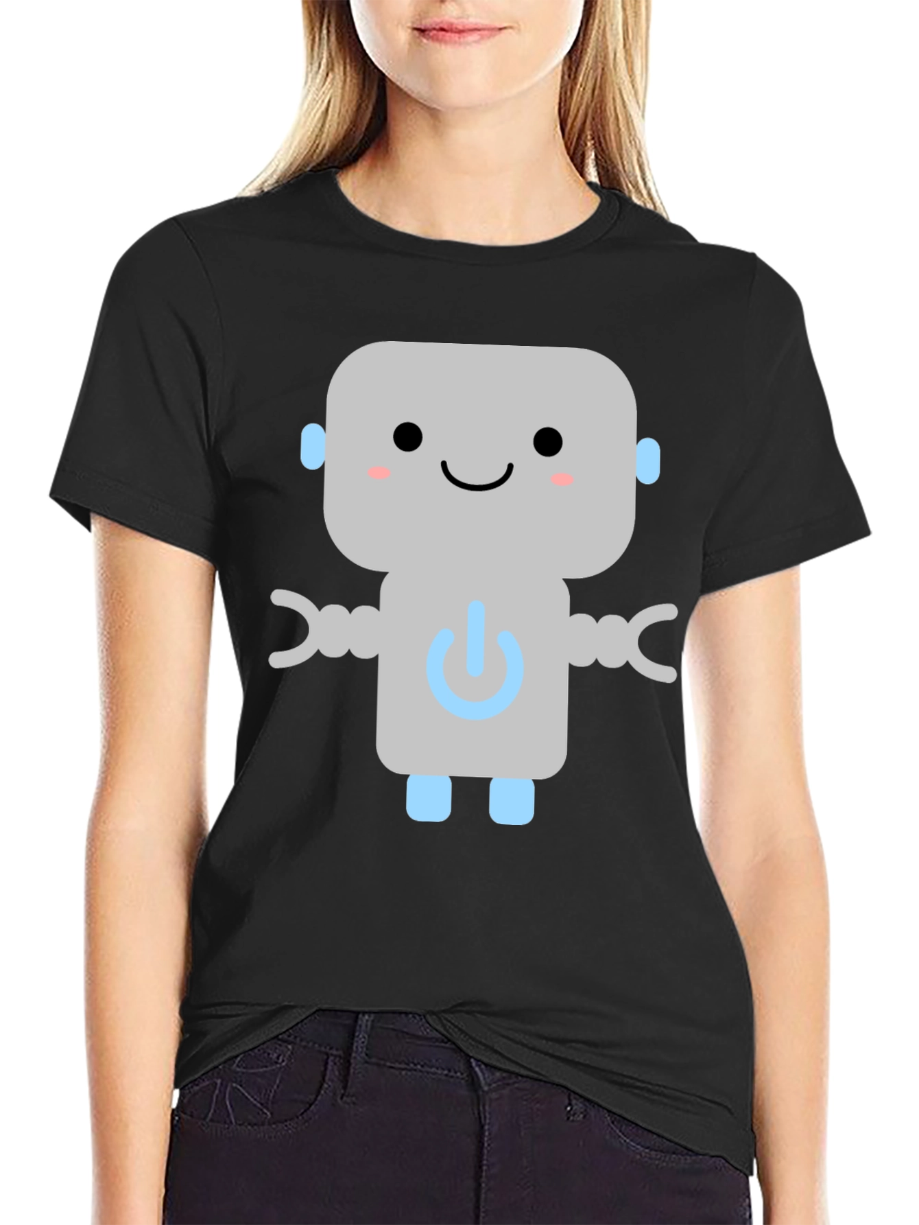 Cute Robot Graphic Tee - Black Cotton T-Shirt