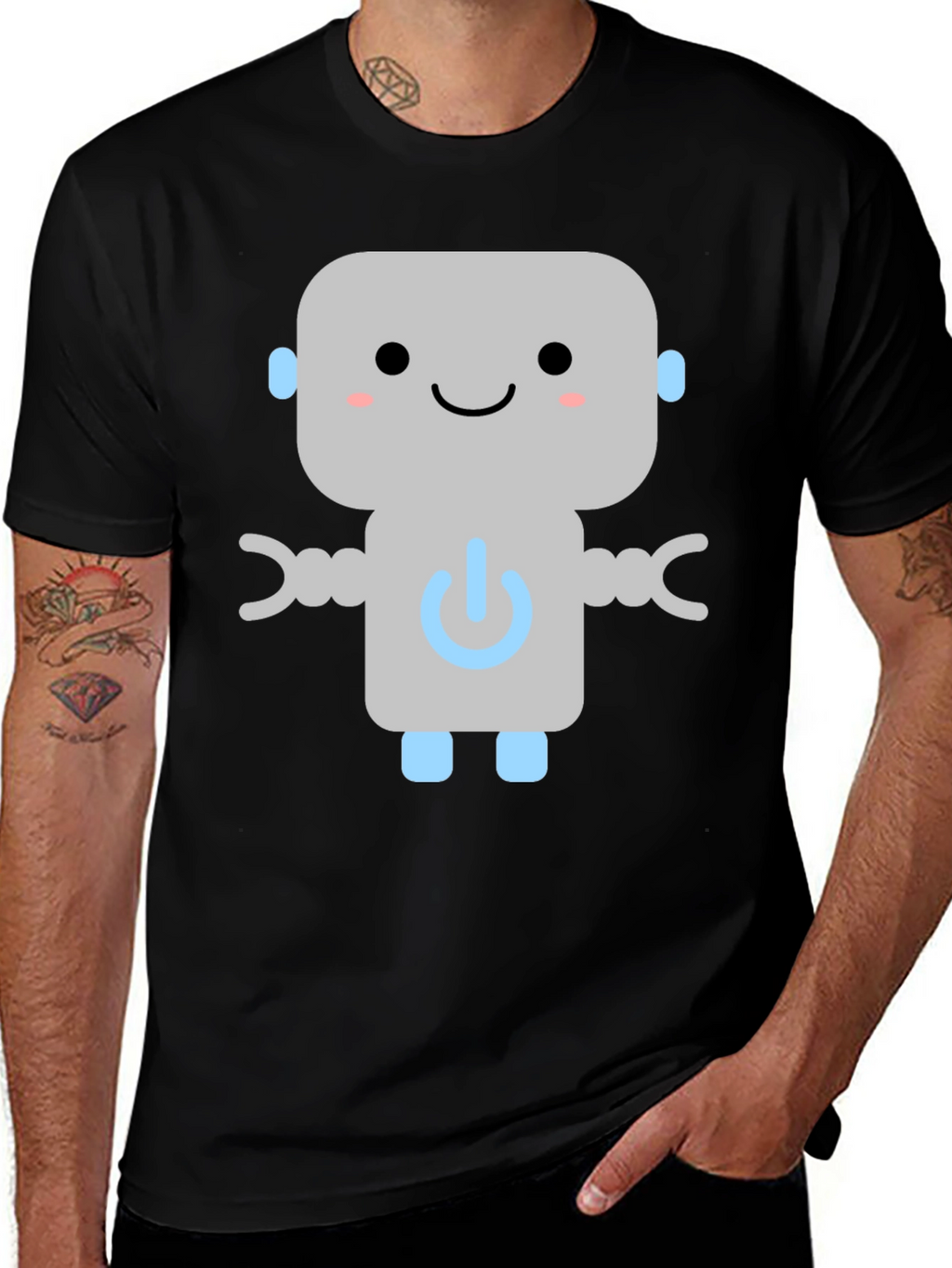 Cute Robot Graphic Tee - Black Cotton T-Shirt