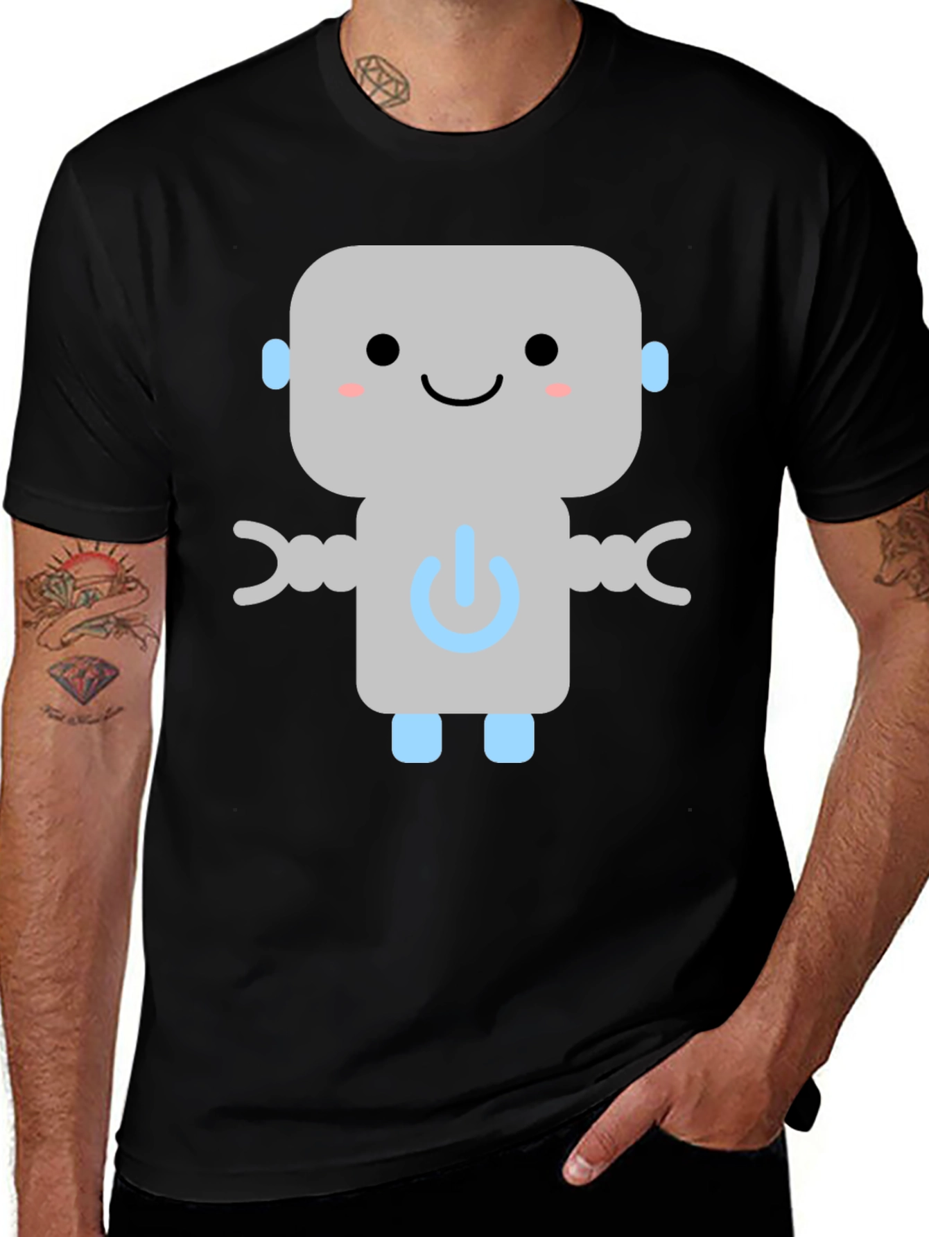 Cute Robot Graphic Tee - Black Cotton T-Shirt