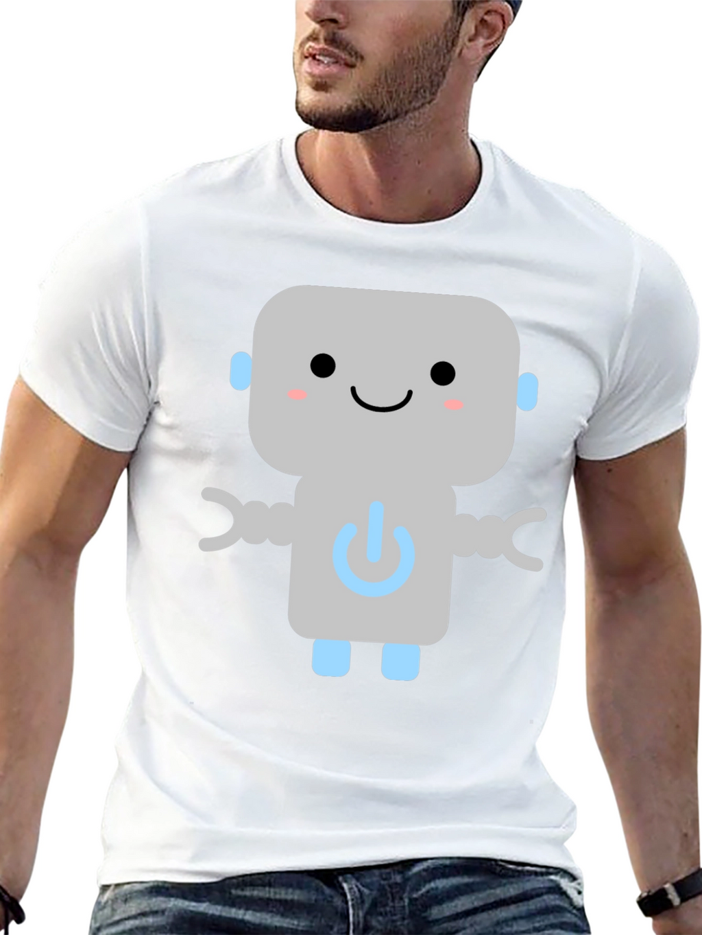 Cute Robot Graphic Tee - Black Cotton T-Shirt