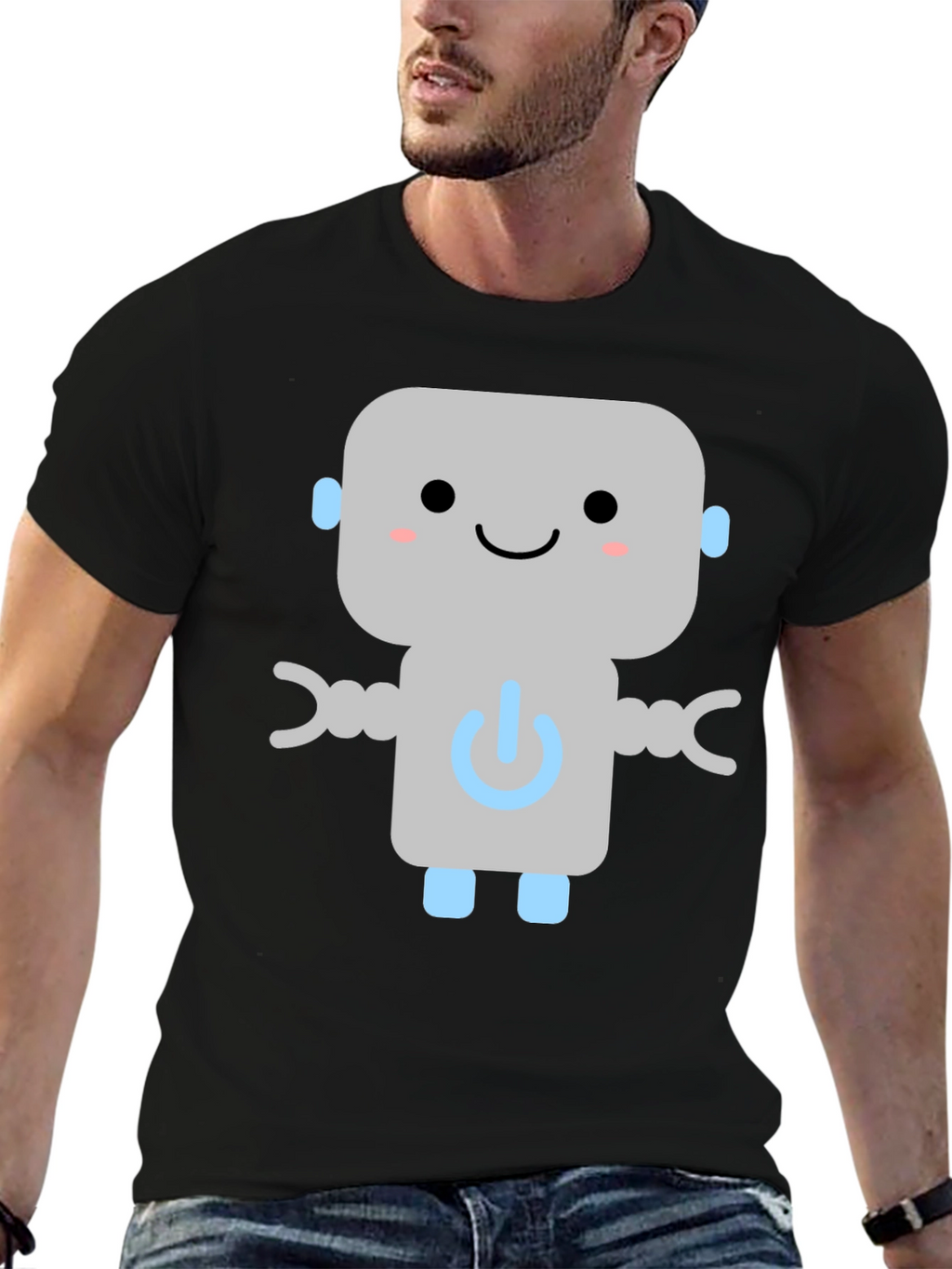 Cute Robot Graphic Tee - Black Cotton T-Shirt