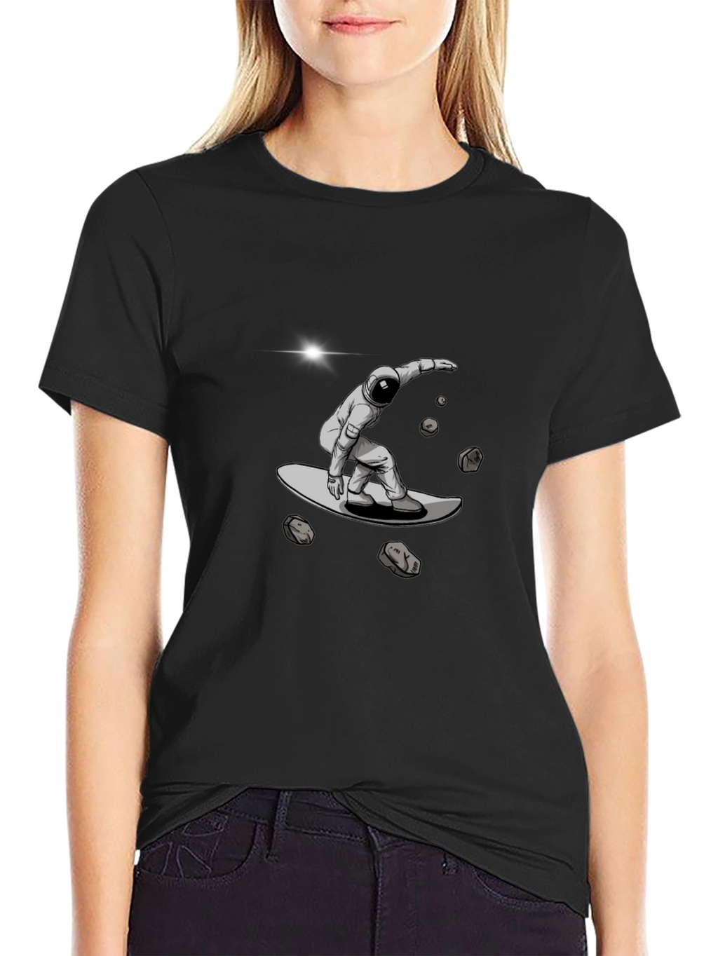 Astronaut Space Surfing Black T-Shirt
