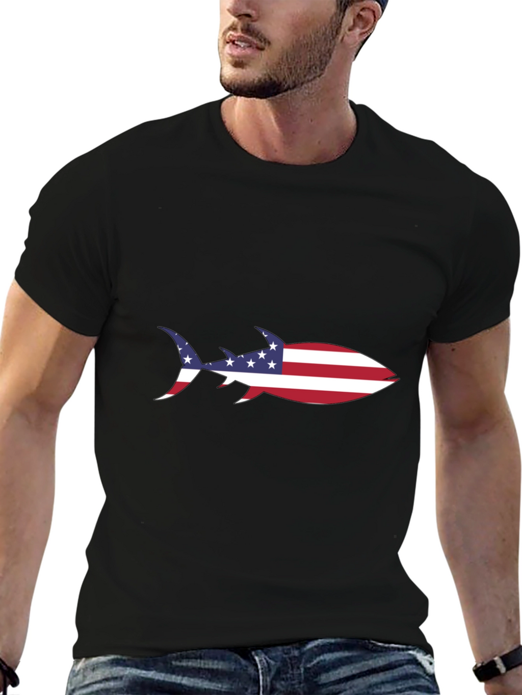 American Flag Shark Black T-Shirt