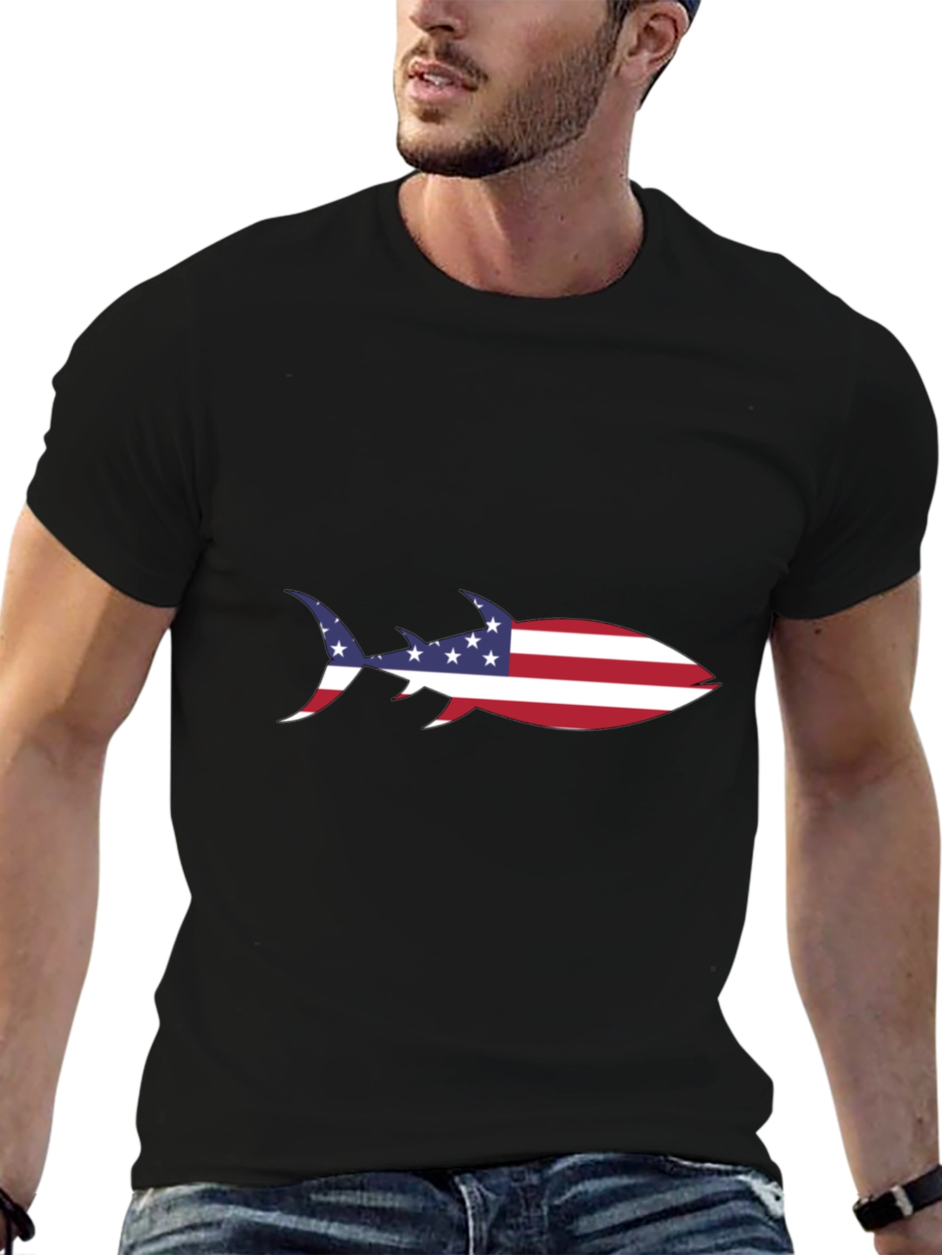 American Flag Shark Black T-Shirt