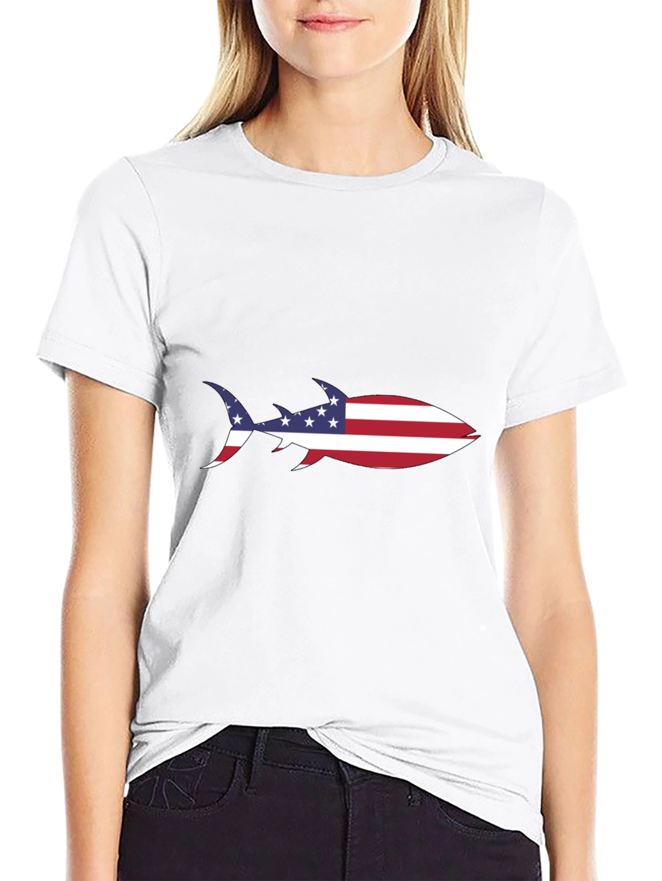 American Flag Shark Black T-Shirt