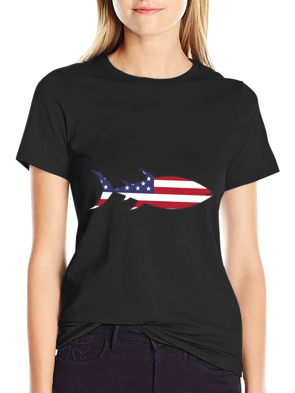 American Flag Shark Black T-Shirt