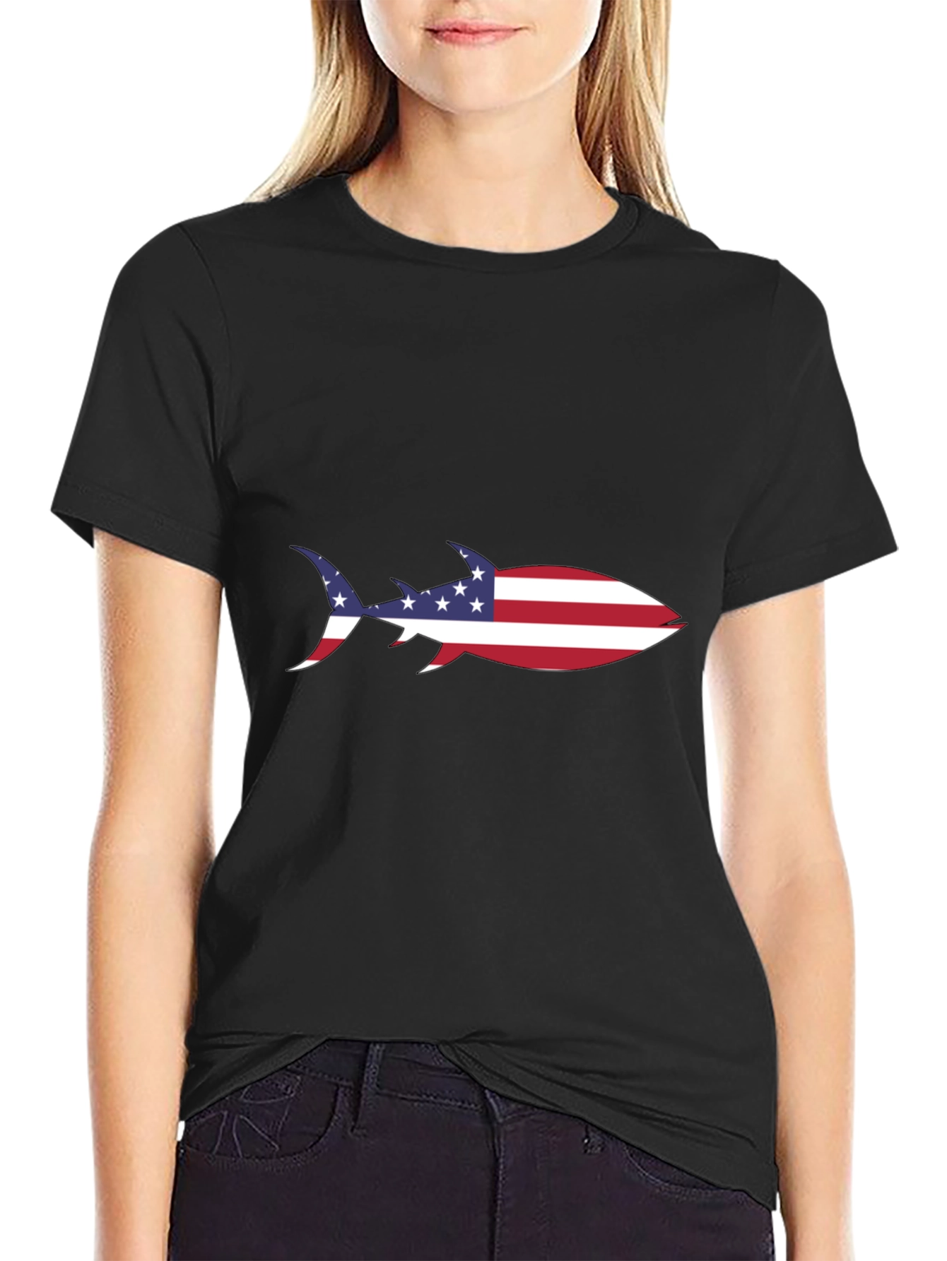 American Flag Shark Black T-Shirt
