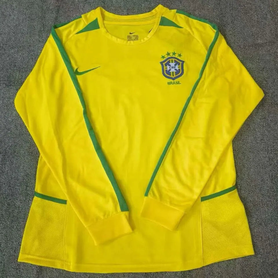 2002 Brazil Home Yellow Retro Long Sleeve Soccer Jersey Front