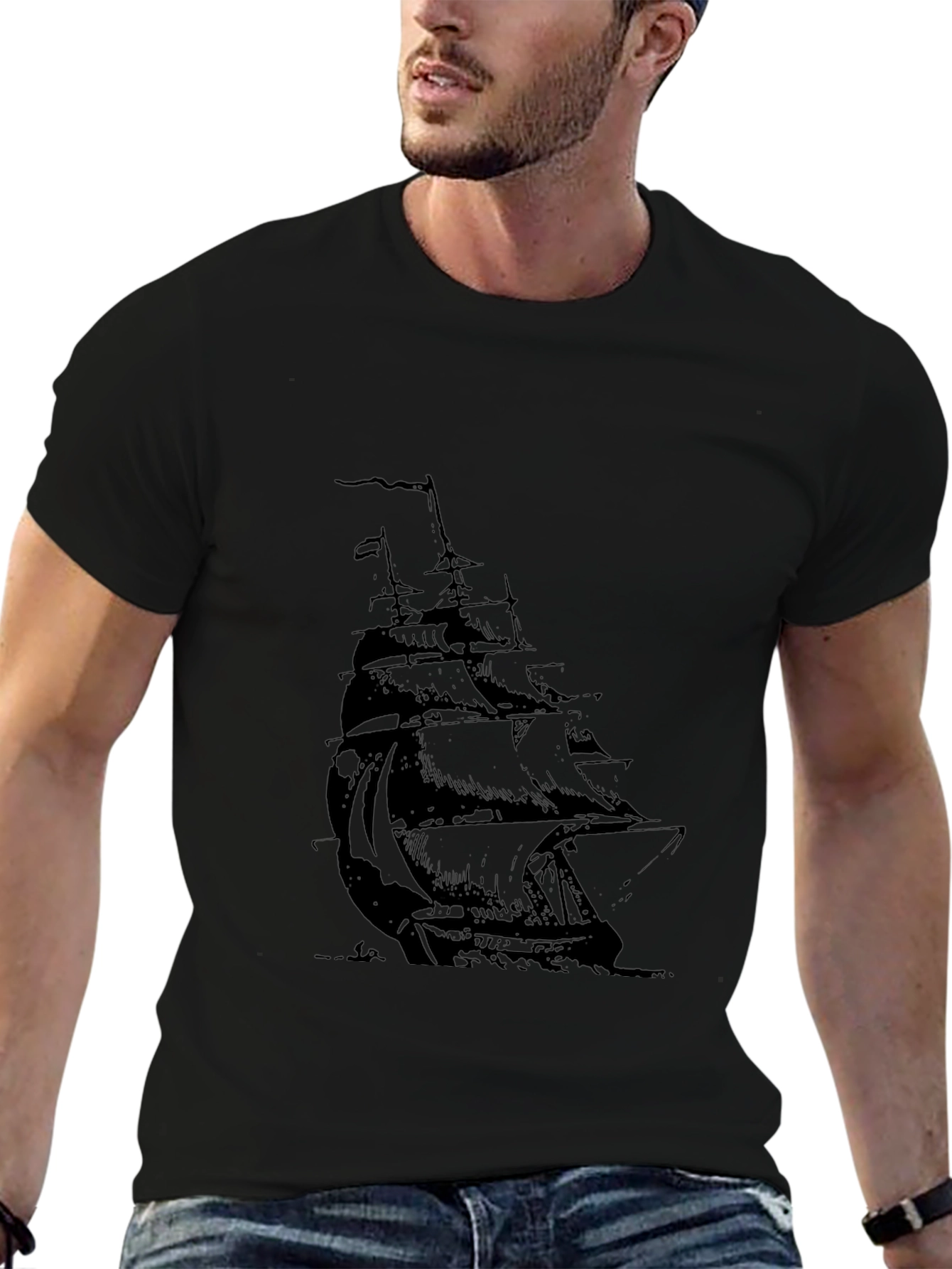 Mens Black T-Shirt with Sailing Ship Graphic
