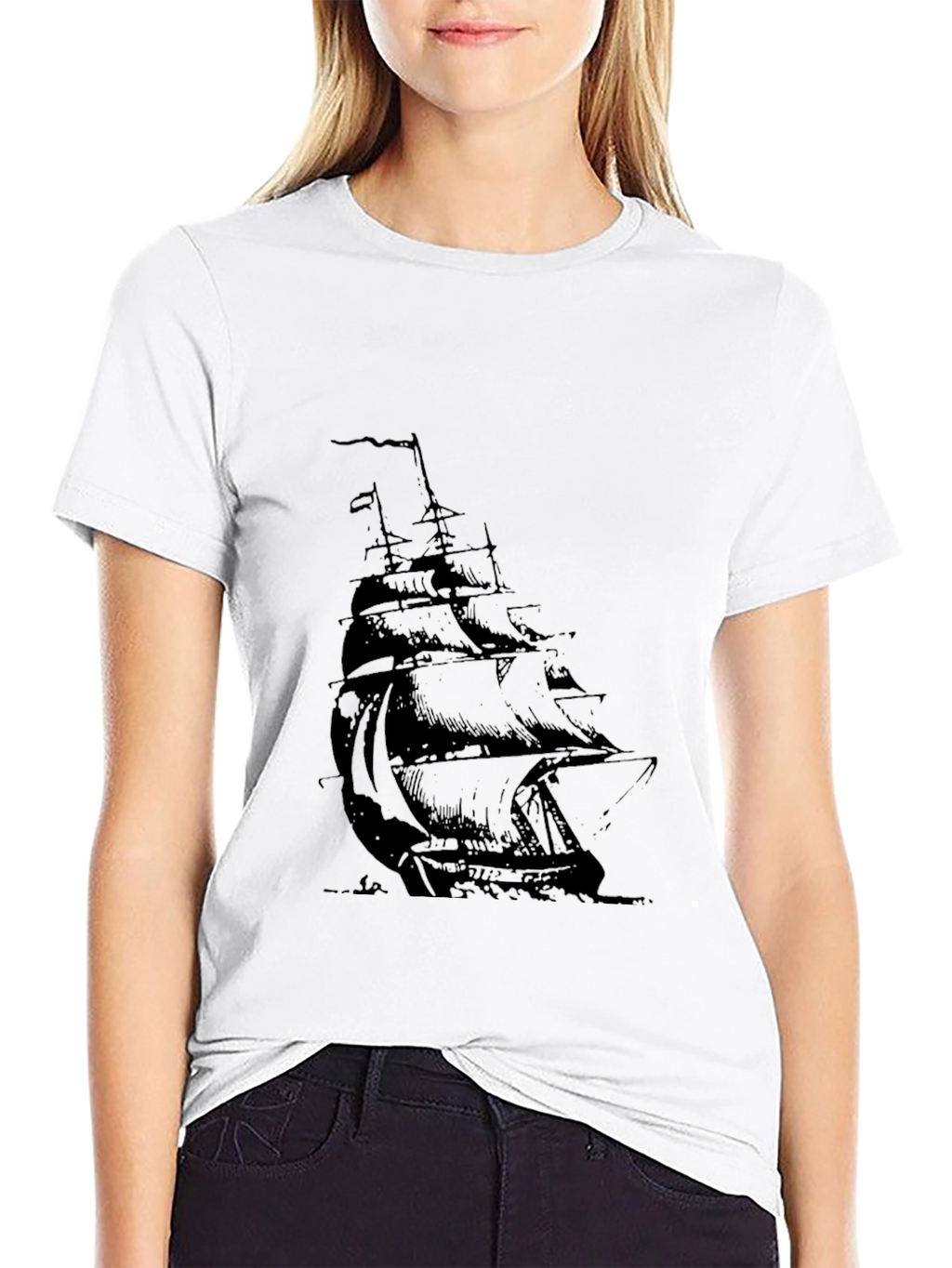 Mens Black T-Shirt with Sailing Ship Graphic