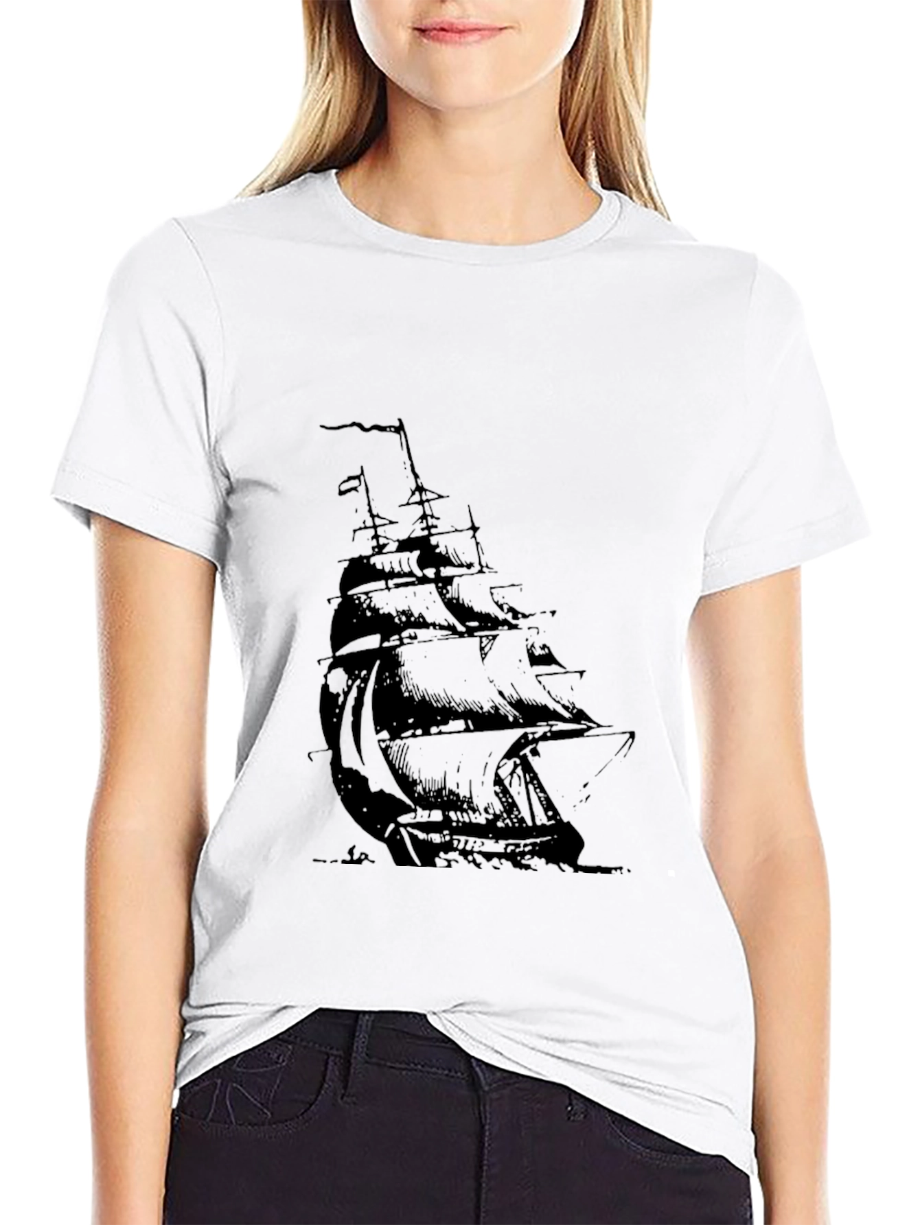 Mens Black T-Shirt with Sailing Ship Graphic