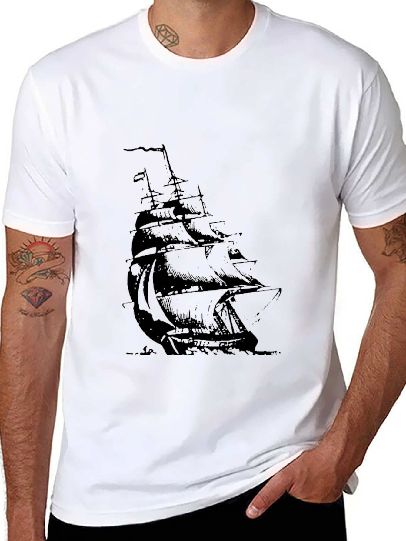 Mens Black T-Shirt with Sailing Ship Graphic
