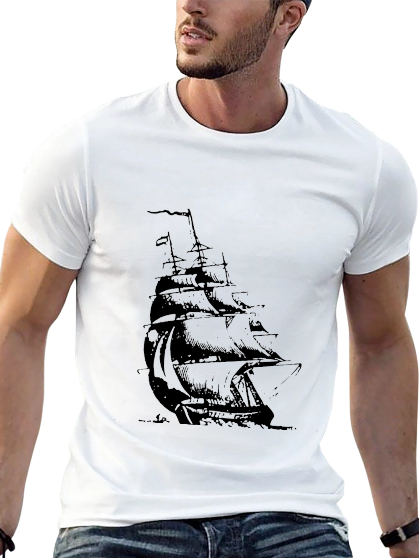 Mens Black T-Shirt with Sailing Ship Graphic