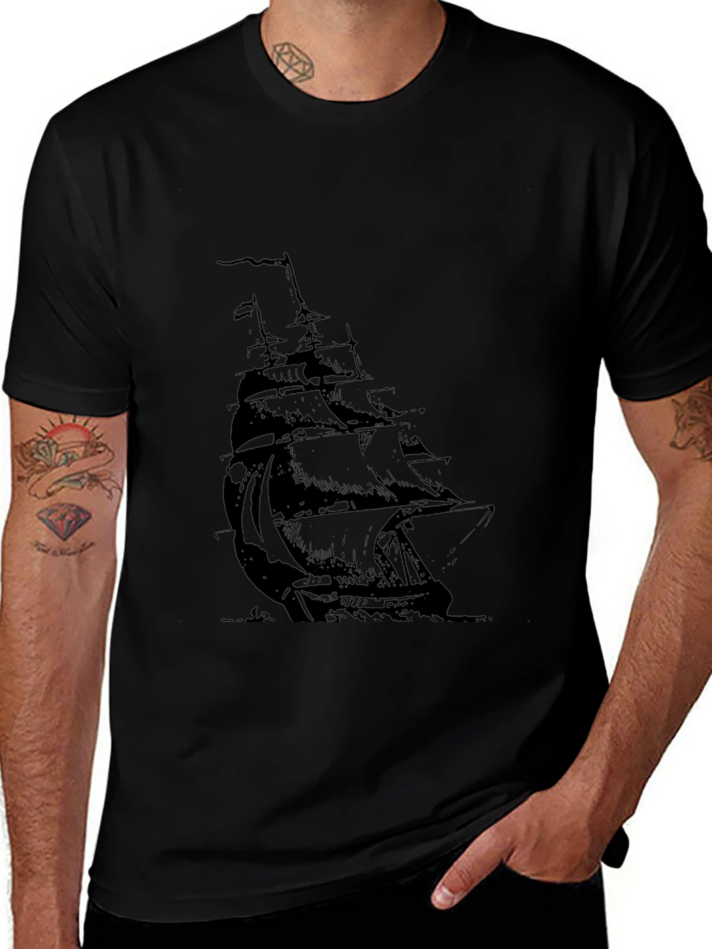 Mens Black T-Shirt with Sailing Ship Graphic