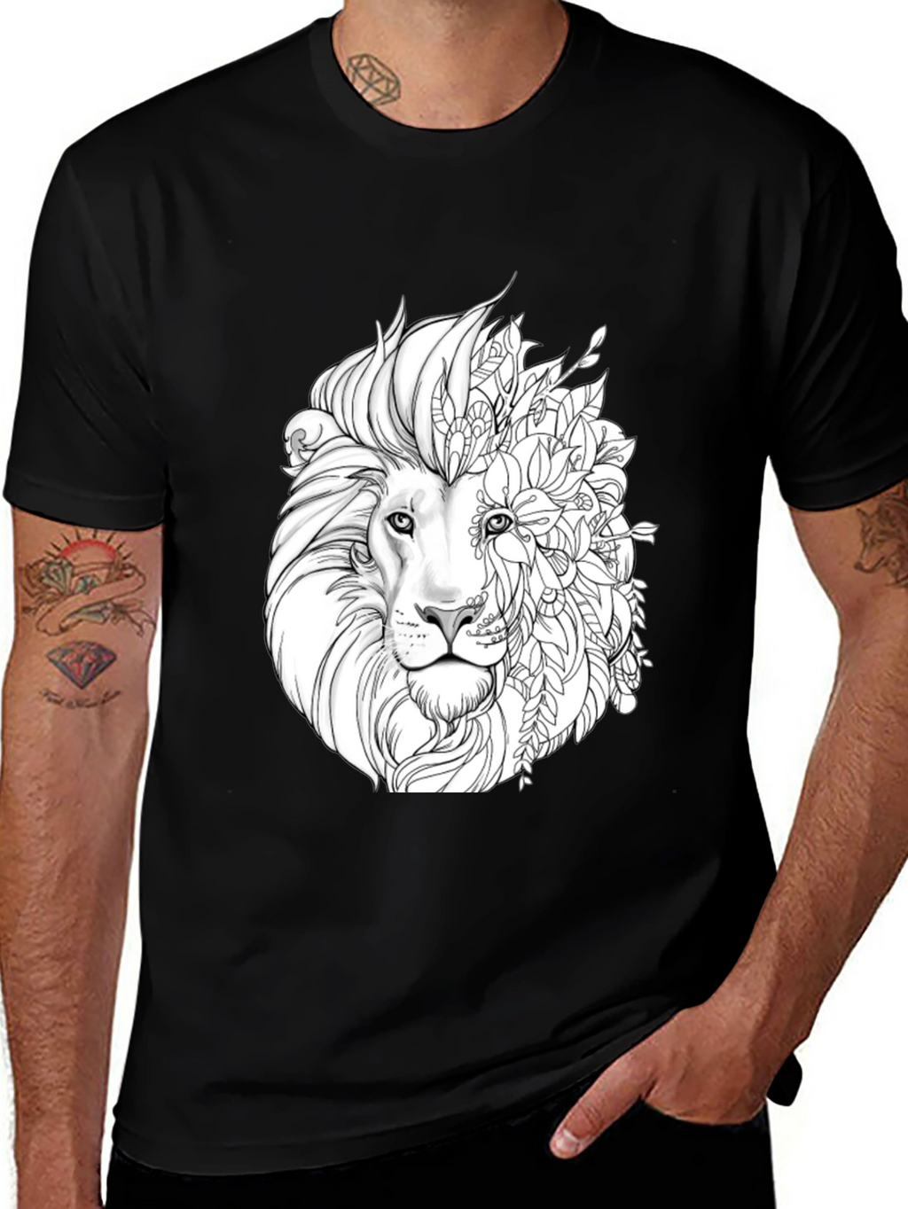 Lion Floral Graphic Black T-Shirt