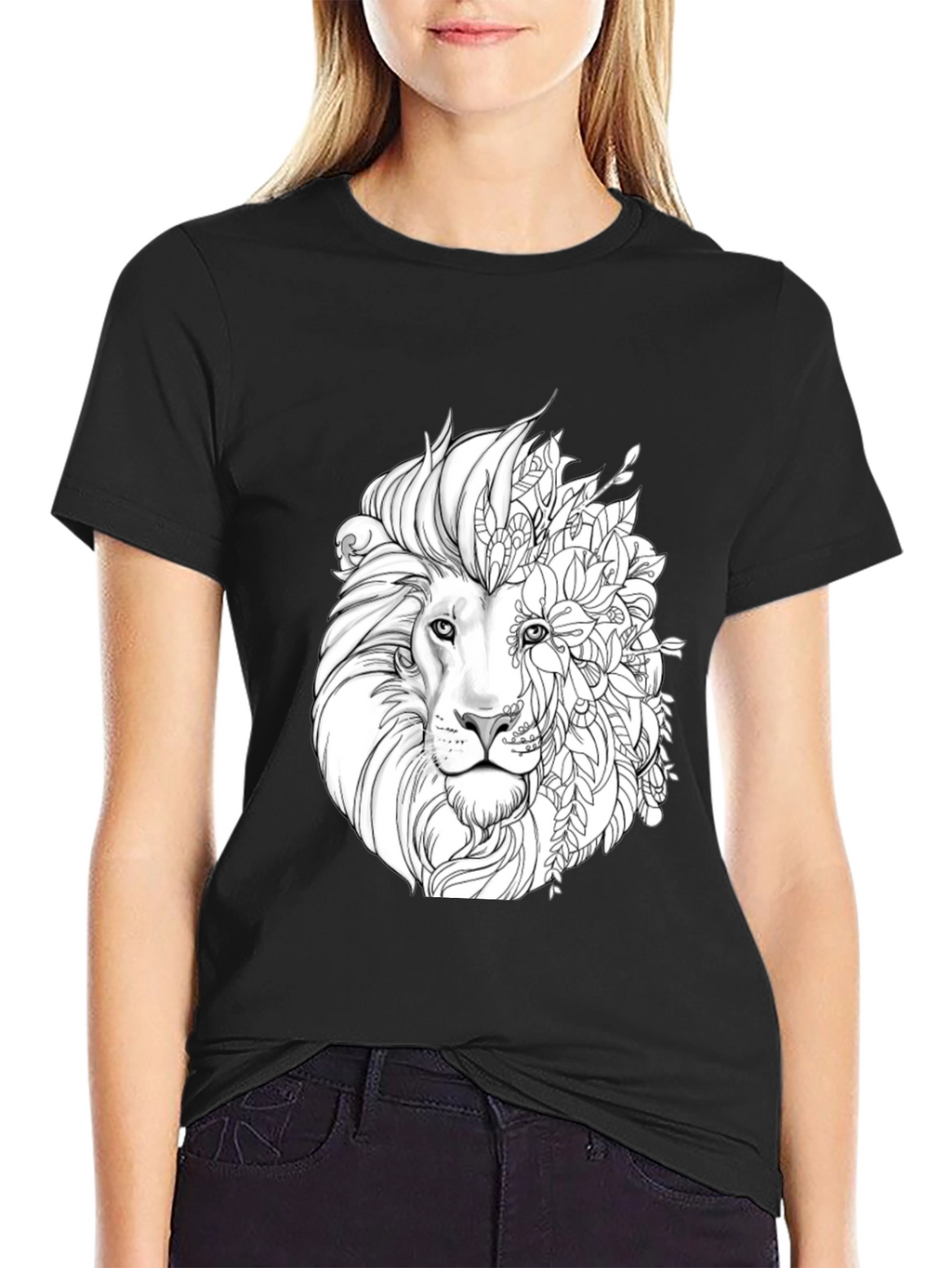 Lion Floral Graphic Black T-Shirt
