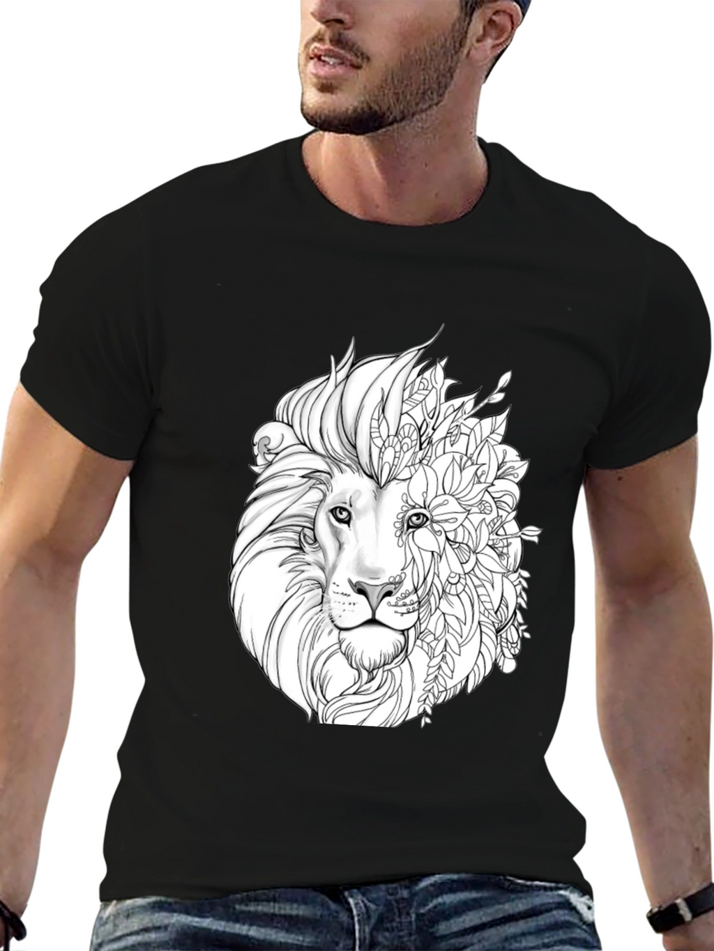 Lion Floral Graphic Black T-Shirt