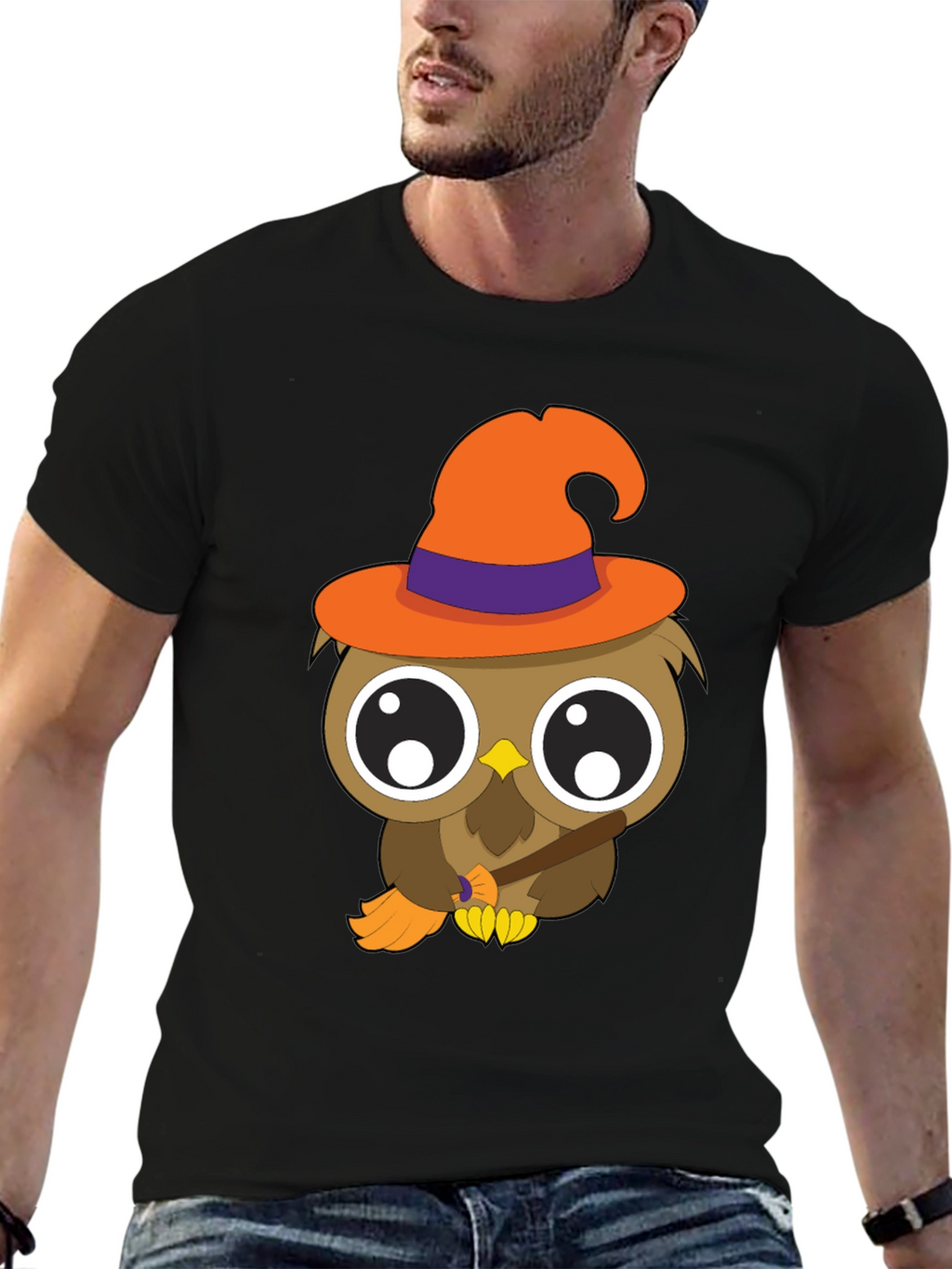 Halloween Owl T-Shirt - Witch Hat Broomstick