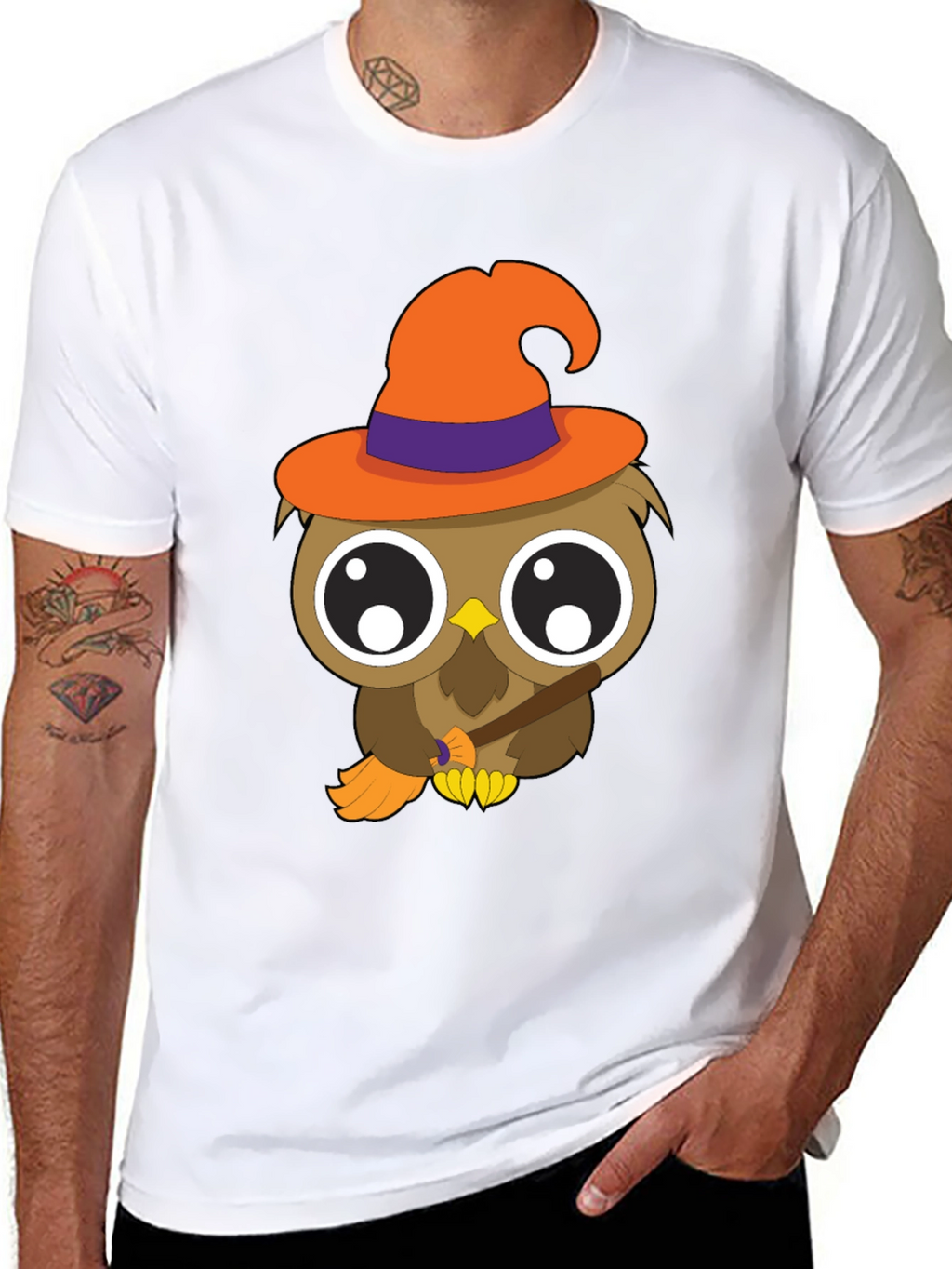 Halloween Owl T-Shirt - Witch Hat Broomstick