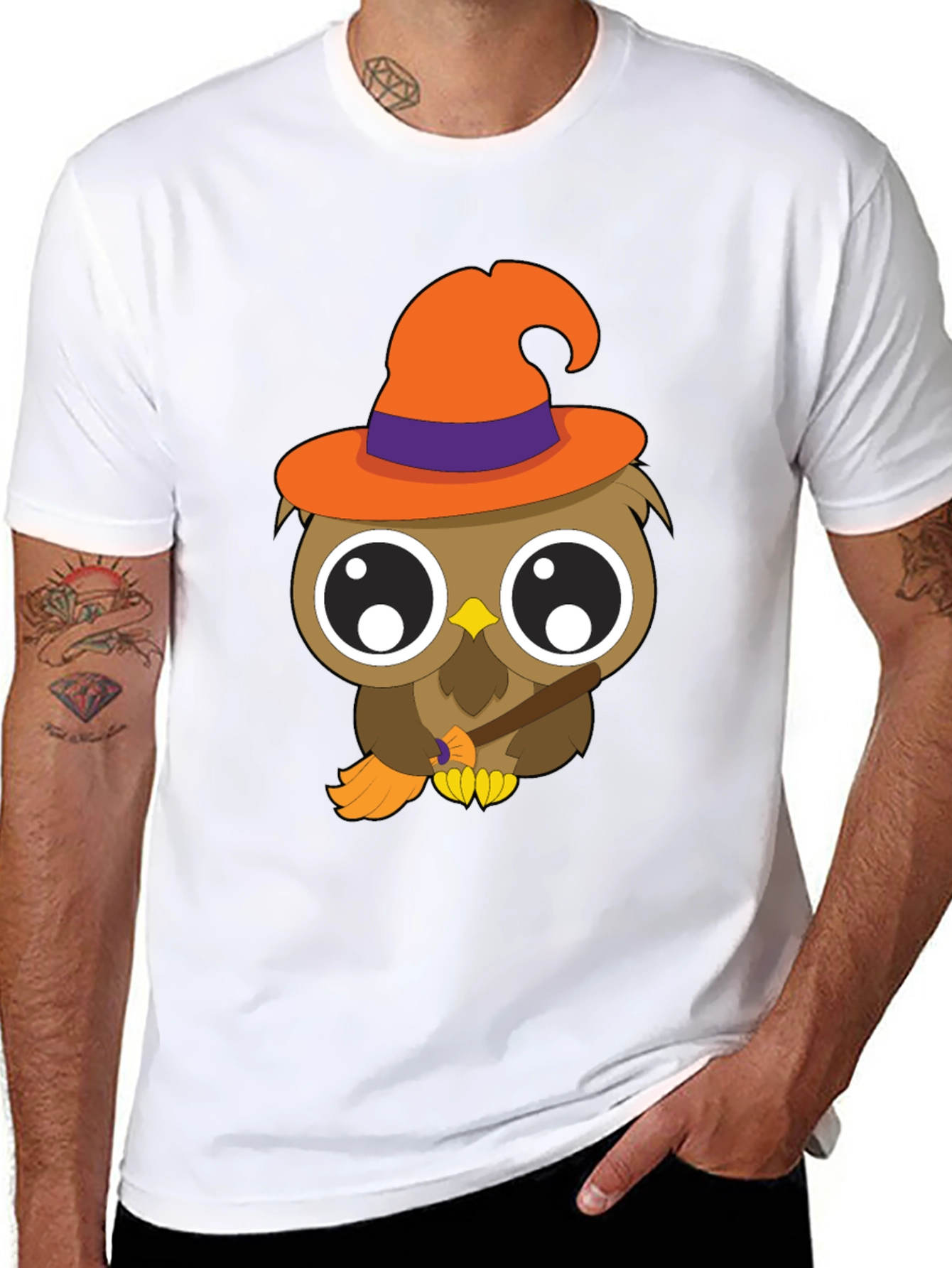 Halloween Owl T-Shirt - Witch Hat Broomstick