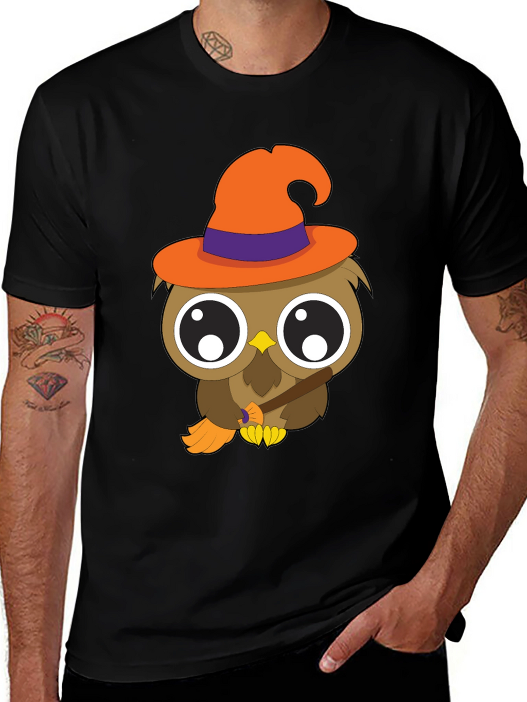 Halloween Owl T-Shirt - Witch Hat Broomstick