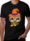 Halloween Owl T-Shirt - Witch Hat Broomstick