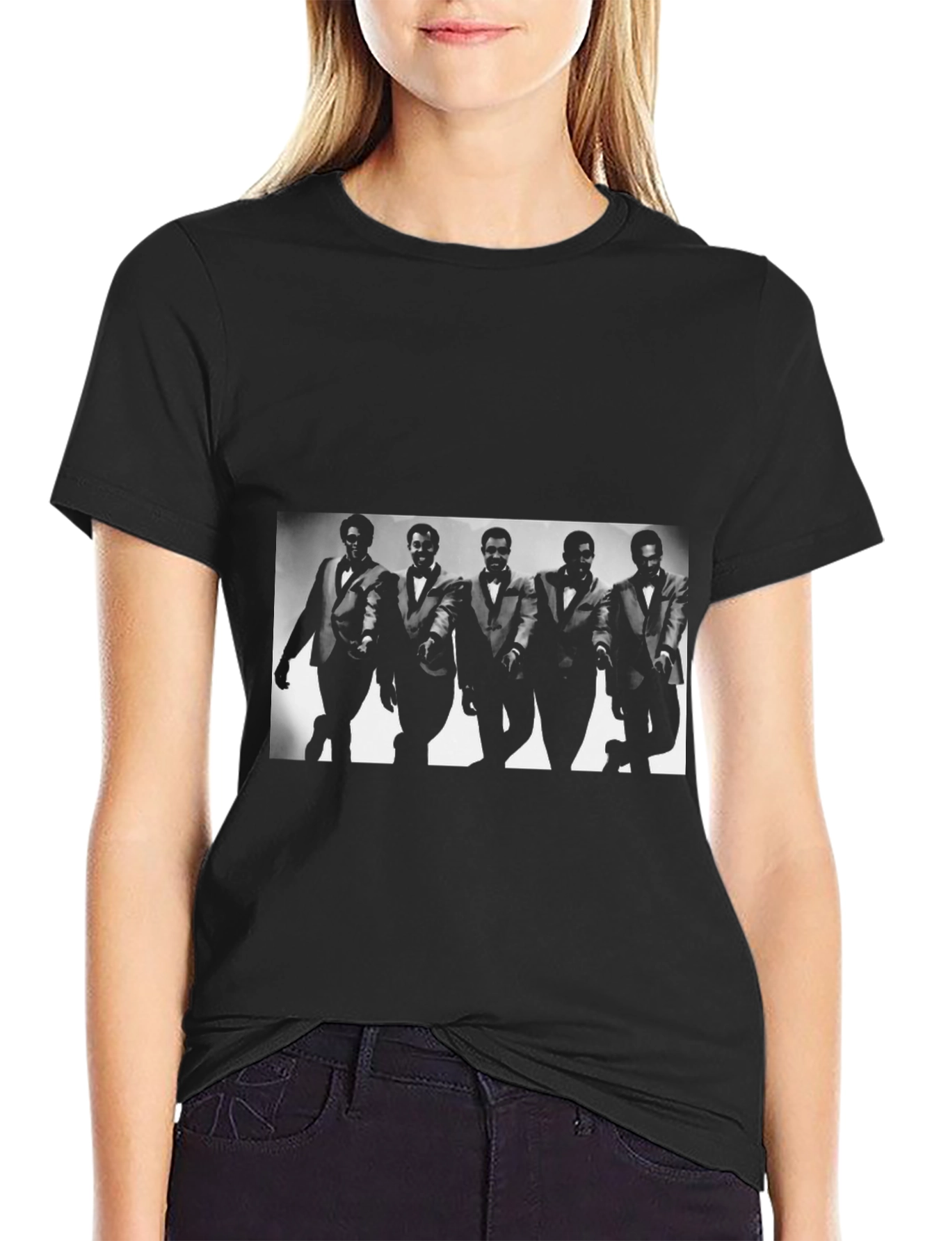 Stylish Black T-Shirt with Soulful Retro Group Graphic