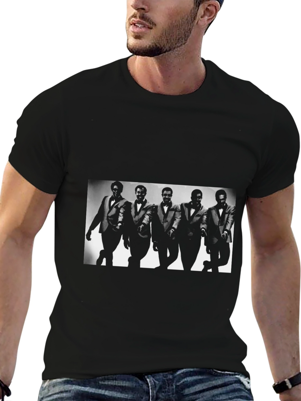 Stylish Black T-Shirt with Soulful Retro Group Graphic