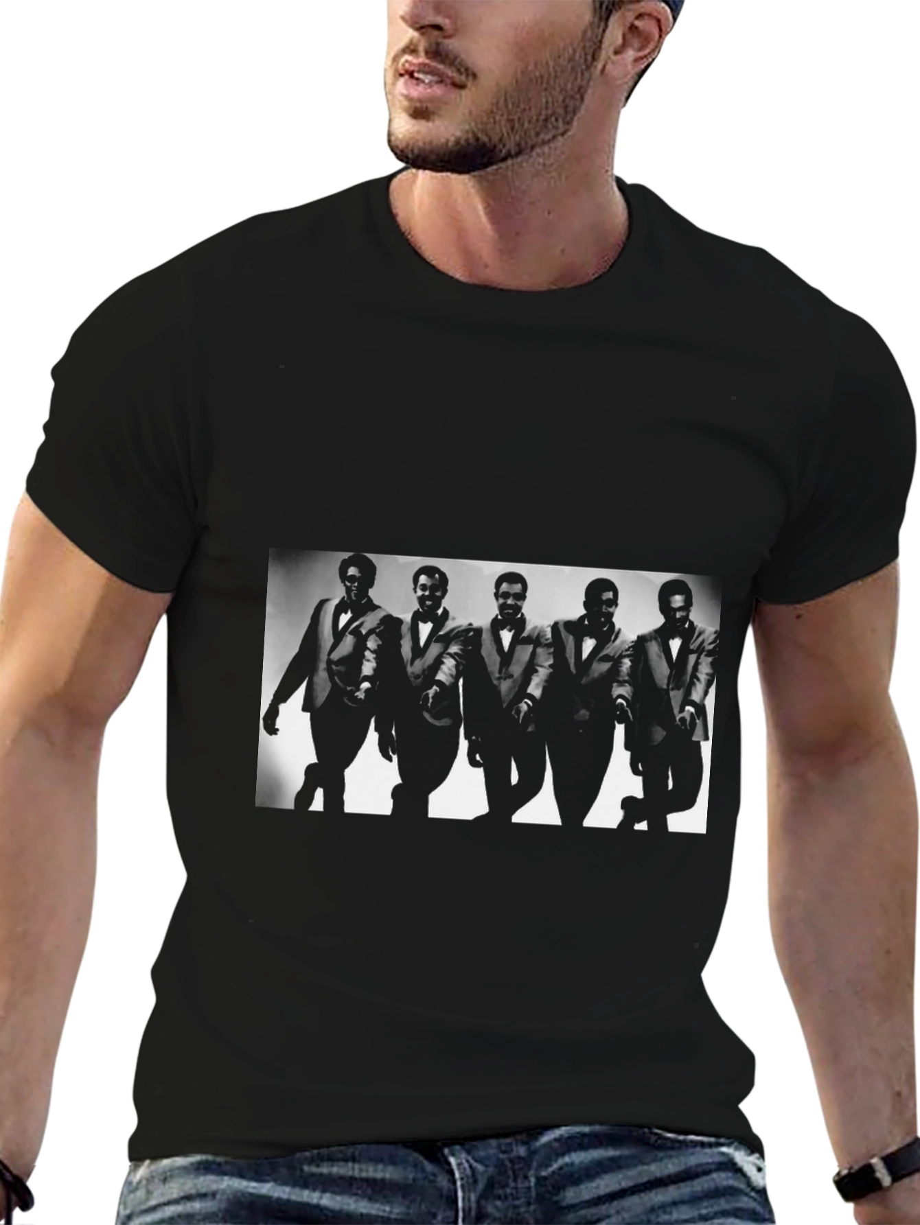 Stylish Black T-Shirt with Soulful Retro Group Graphic