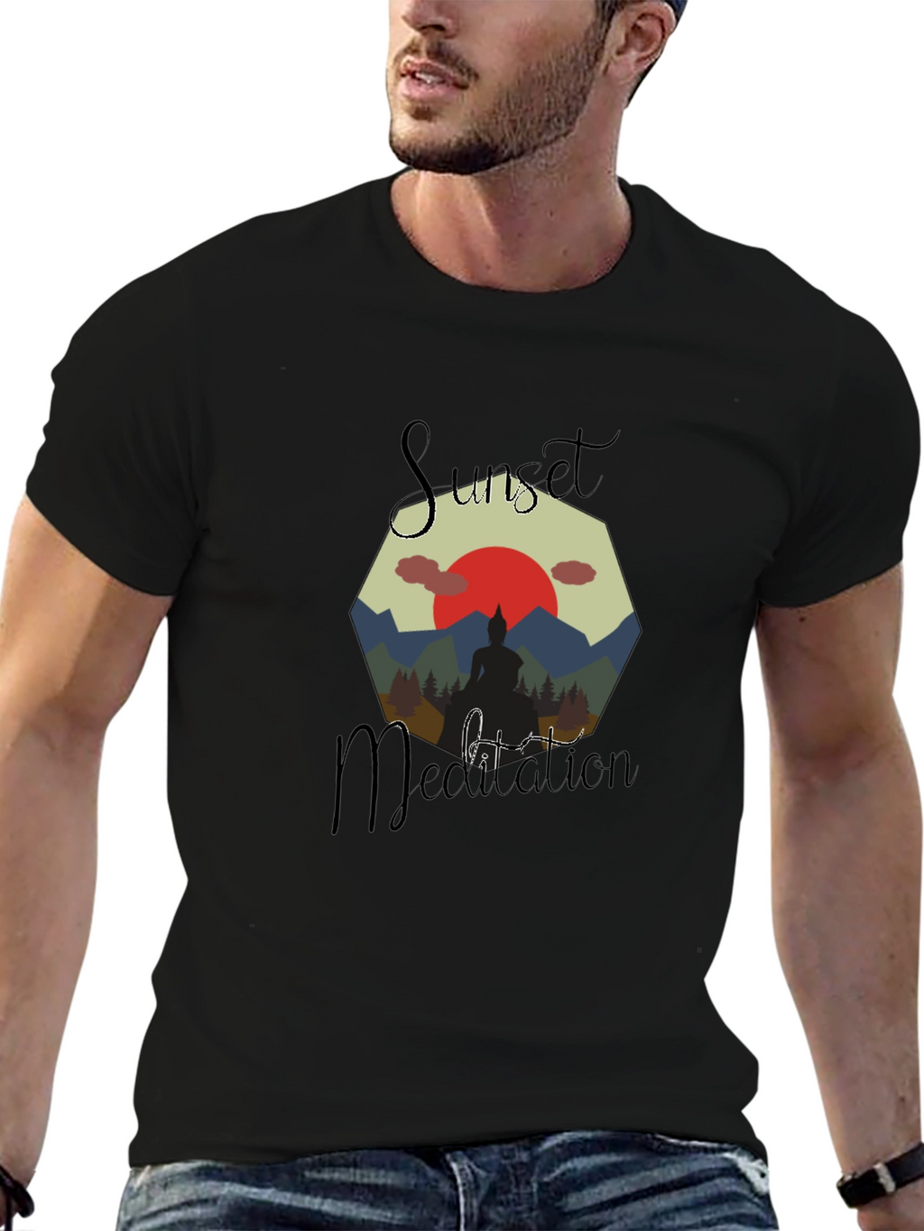 Sunset Meditation Mens Graphic Tee - Black