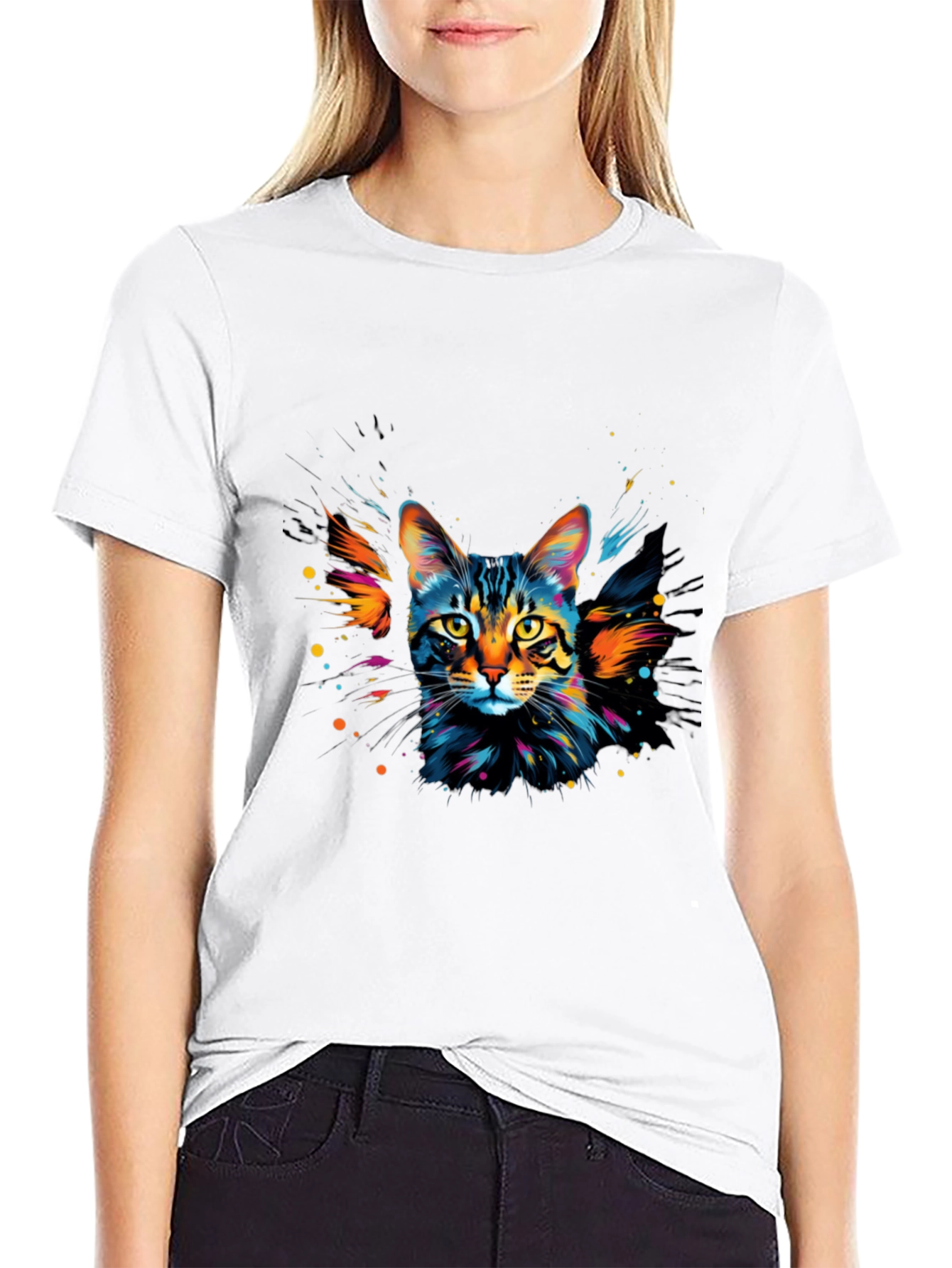 Colorful Cat Graphic Black T-Shirt