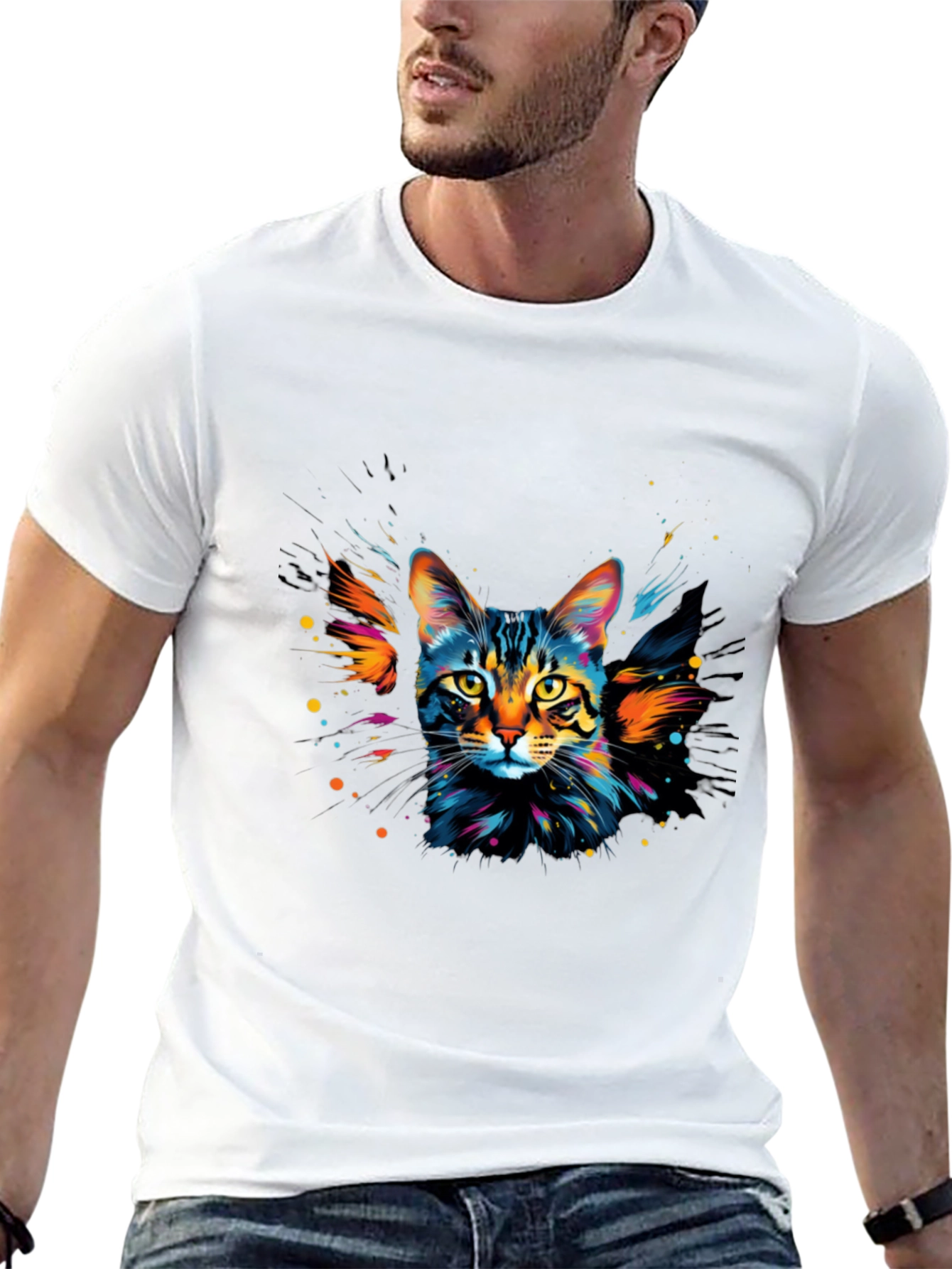 Colorful Cat Graphic Black T-Shirt