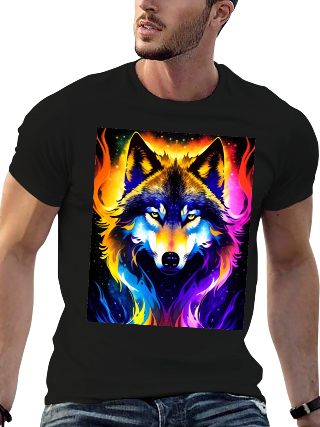 Vibrant Wolf Graphic Black T-Shirt