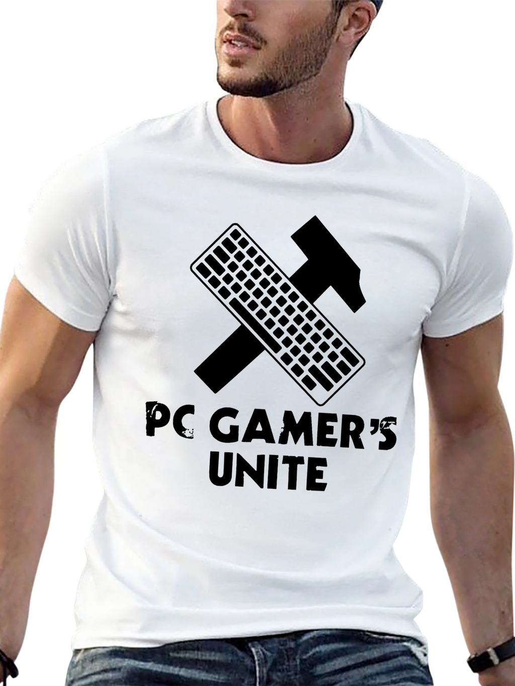 PC Gamers Unite T-Shirt - Keyboard Hammer Design
