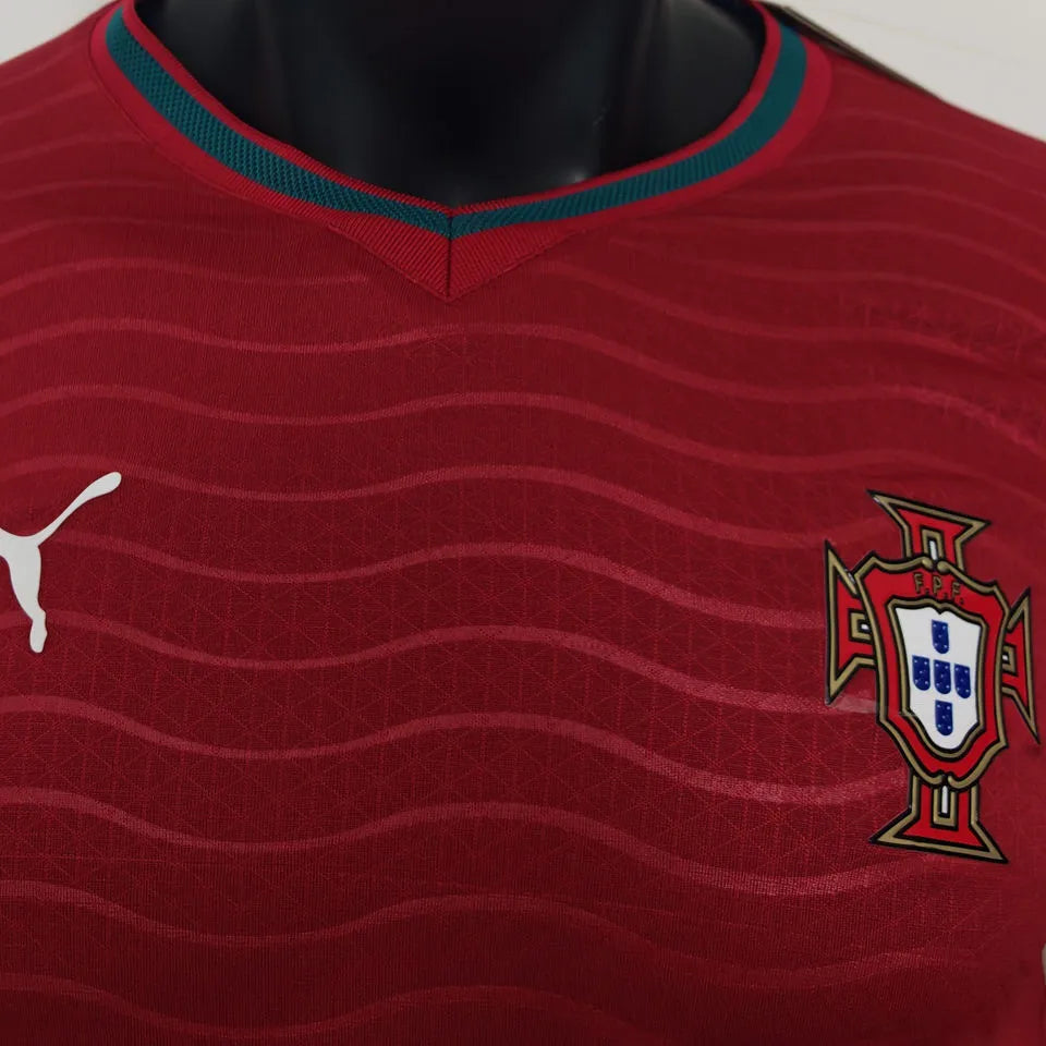 2026/27 Portugal Home Red Player Version Long Sleeve Soccer Jersey Detail 1