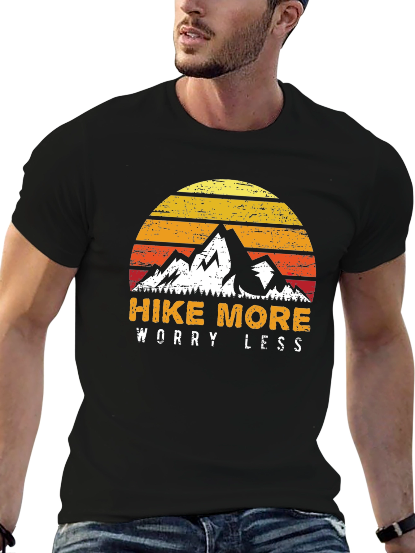 Hike More Worry Less T-Shirt - Mountain Sunset Design